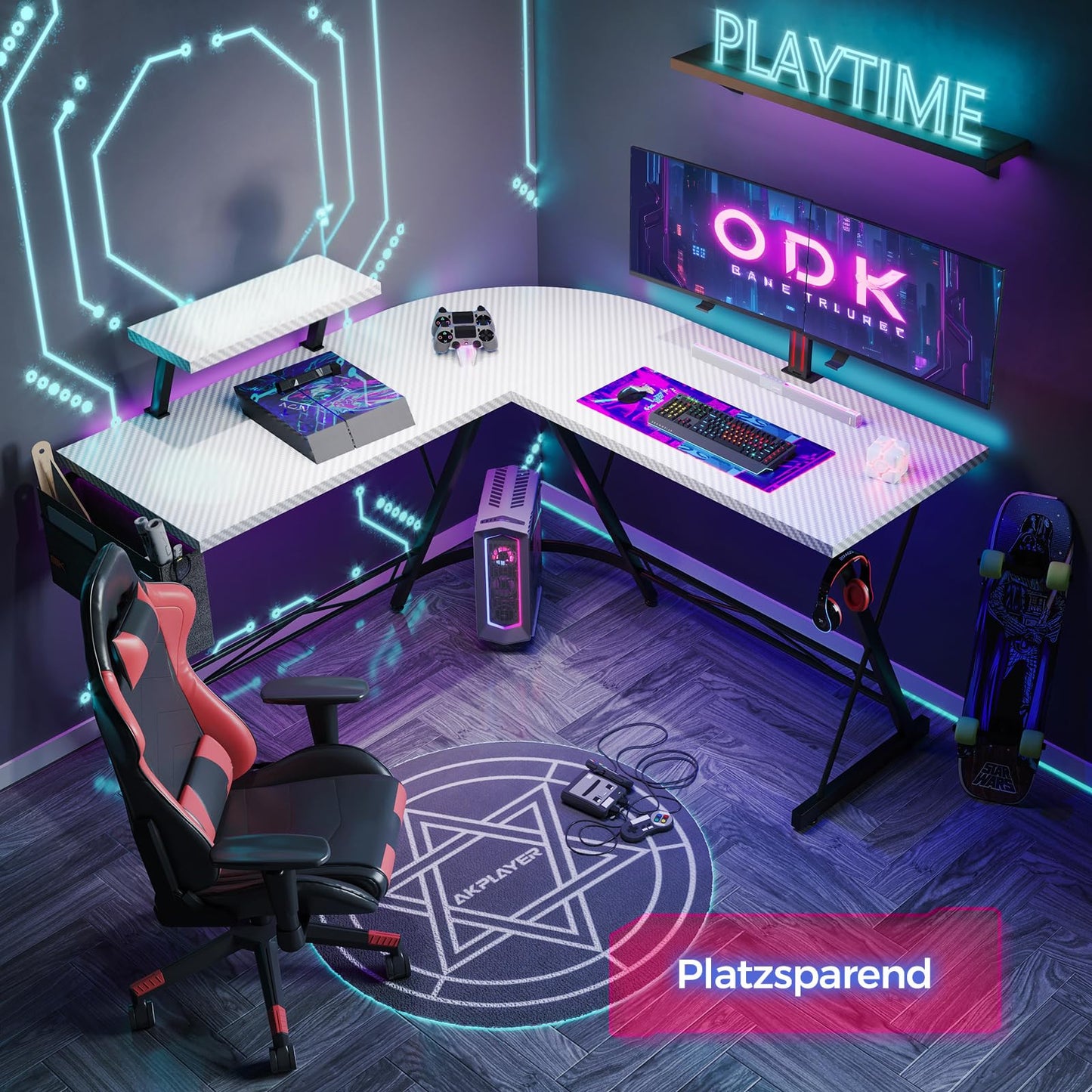 ODK Gaming Tisch, Gaming Schreibtisch Eckschreibtisch für Gamer, Schreibtisch L Form mit Monitorständer für Büro (Schwarz, 127 x 127 cm)