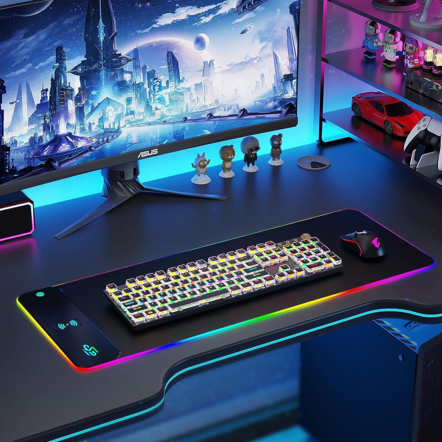 RGB Gaming Mauspad 15W Qi Mousepad LED, 10 Beleuchtungsmodi mit 15W Schnellladung Qi Kabelloses Laden für I-Phone Handy, Kopfhörer, Wasserdicht, rutschfest für Gaming, Schreibtische, PC und Büro
