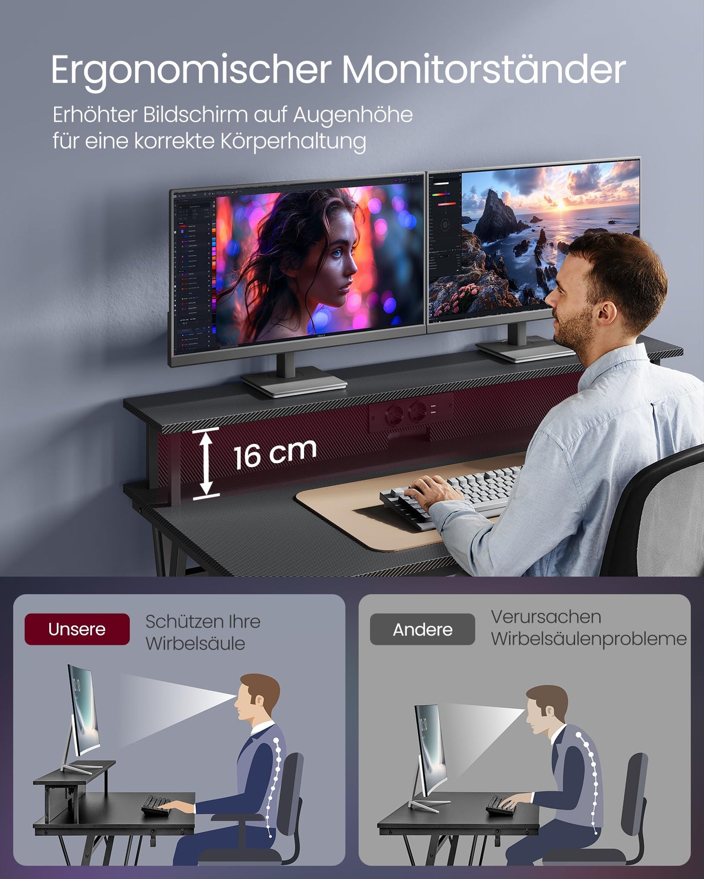 VASAGLE Schreibtisch, Gaming Tisch mit eingebauter Steckdosenleiste, Computertisch, mit Monitorständer für 2 Monitore, Schlafzimmer, 60 x 120 x 76 cm, rußschwarz LWD192B02