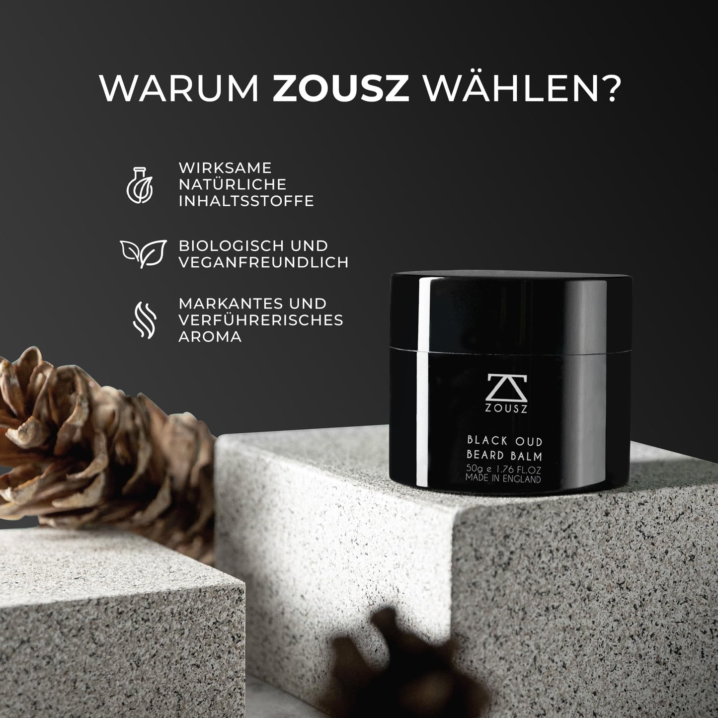 ZOUSZ Black Oud Bartbalsam für Männer mit Sheabutter – Premium-Bartbalsam/Bartspülung/Bartweichmacher Herren | Das ultimative nicht fettender Bartpflege für Männer, 50 ml