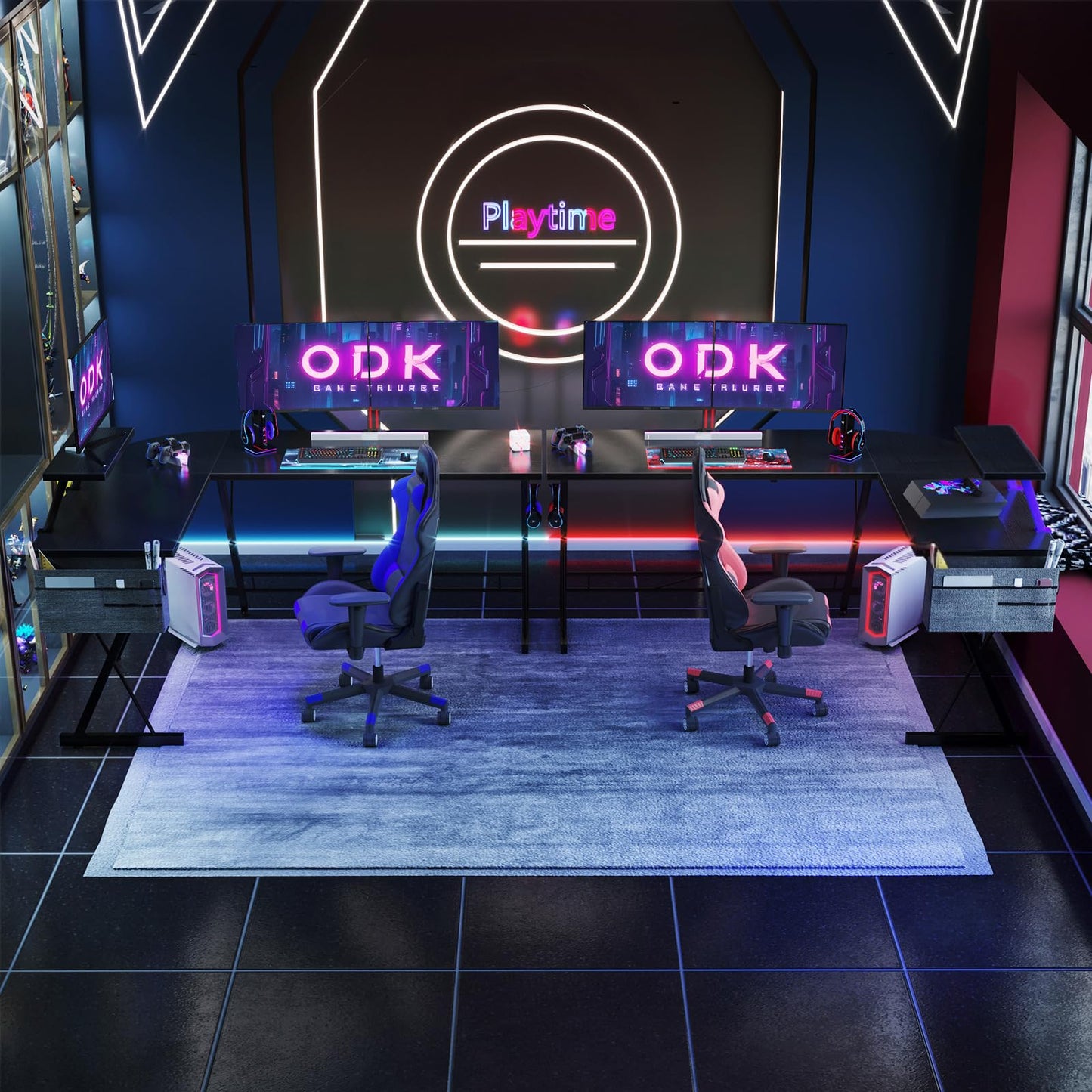 ODK Gaming Tisch, Gaming Schreibtisch Eckschreibtisch für Gamer, Schreibtisch L Form mit Monitorständer für Büro (Schwarz, 127 x 127 cm)