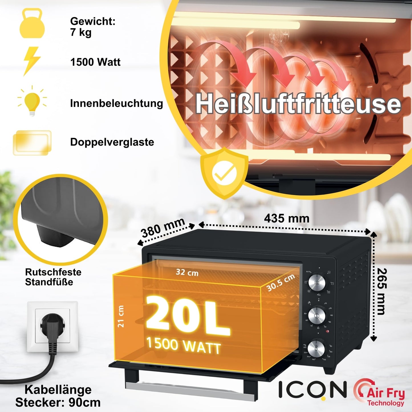 ICQN Kompakter Minibackofen 15 Liter, 1200W, 60 min-Timer, 3 Kochfuntionen, 90°-230°C, Kleiner Camping Ofen, Anthrazit, 2-Jahre Garantie