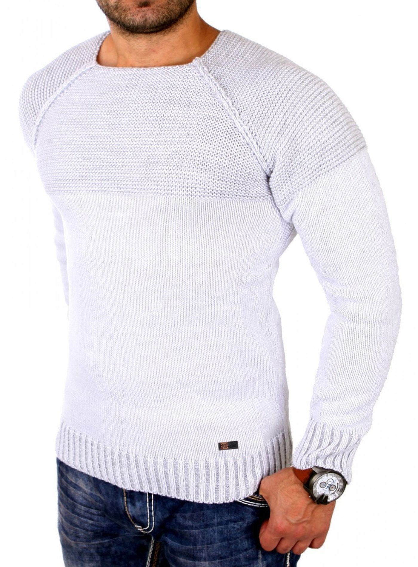 Reslad Men’s Two-Tone Chunky Knit Sweater – Slim Fit Crewneck Pullover