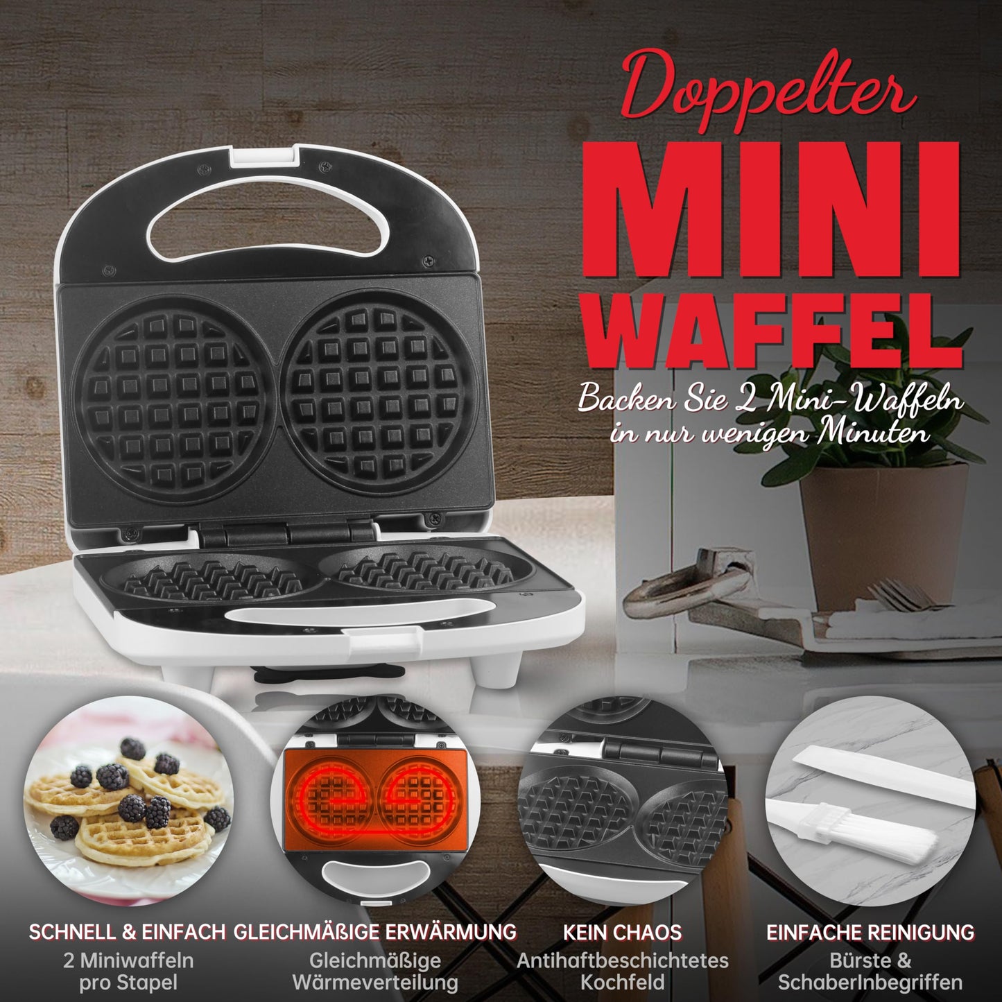 SugarWhisk Mini Waffeleisen Kinder, Doppelwaffeleisen, Kleines Waffeleisen mit Antihaftbeschichtung, Mini Waffle Maker, für Familienfeiern, Kindergeburtstage, Ostern oder Weihnachten, Weiß