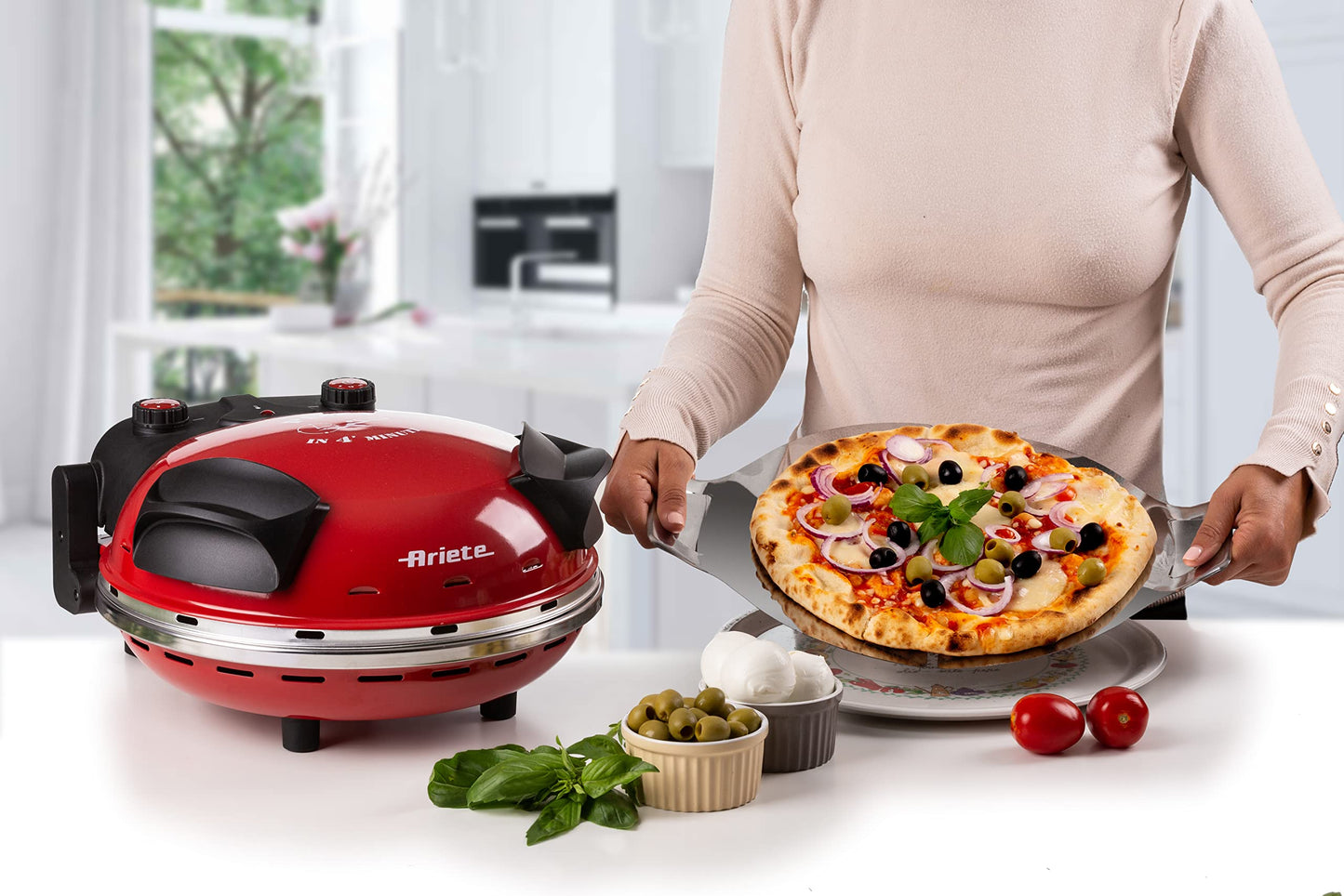 Ariete Pizzaofen 919, 4-Minuten-Pizza, Pizzaofen mit 5 Garstufen, Feuerfeste Platte zum Wiederaufwärmen, Holzbrettchen im Lieferumfang Enthalten, Max. Temperatur 400°C, 1200W, Rot