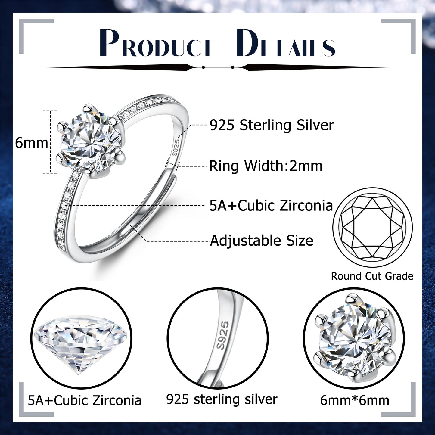 JeweBella 925 Sterling Silver Adjustable Ring for Women