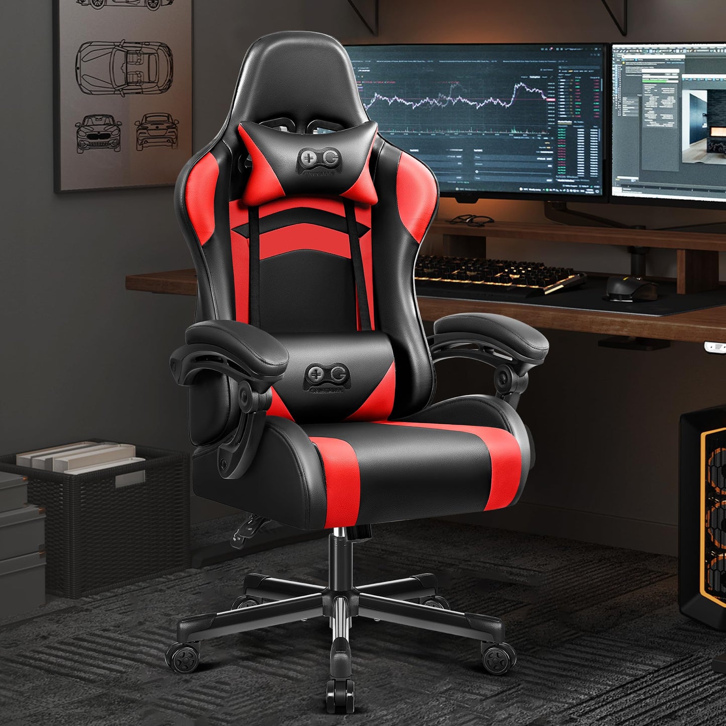 OneGame Ergonomischer Gaming Stuhl, hoher Rücken Computer Gamer Stuhl, höhenverstellbarer Game Stuhl, Racing Style Gaming Bürostuhl mit Kopfstütze und Lendenwirbelstütze, Schwarzweiß