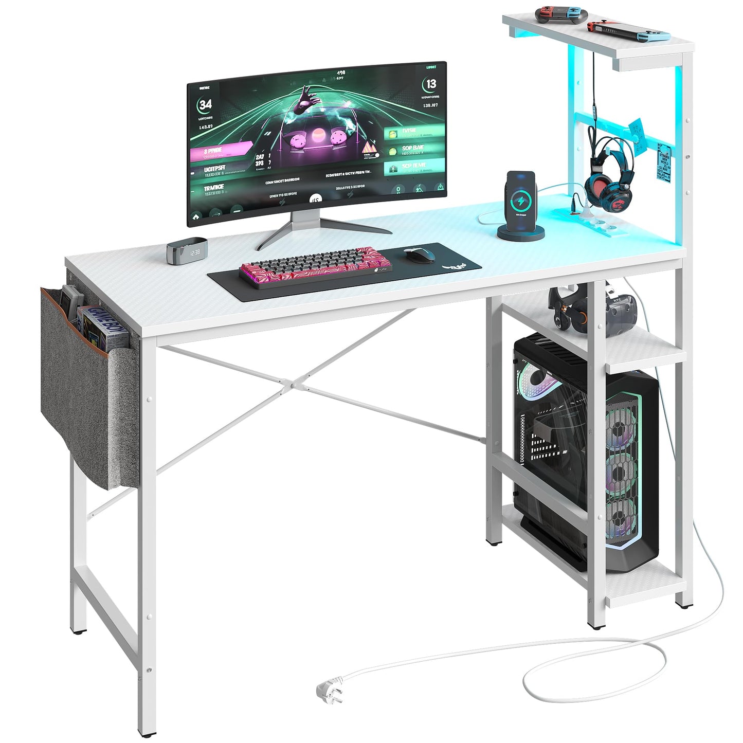 Bestier 113CM Eck-Computertisch mit Steckdosen Computertisch mit LED-Leuchten Umkehrbarer Schreibtisch mit Seitentasche Aufbewahrungstasche & Zubehöraufhänger für Home Office Small Space Weiß
