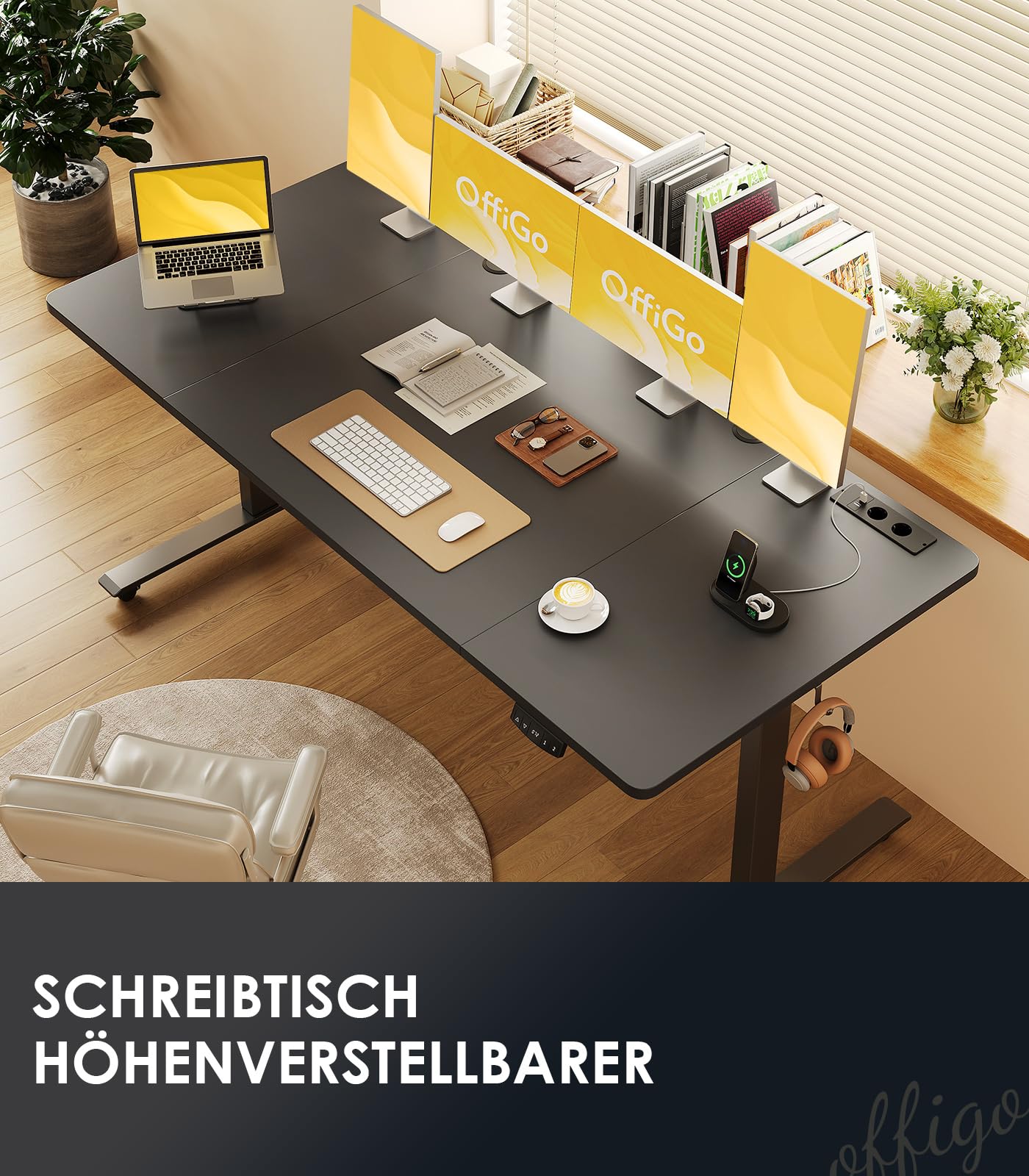 OffiGo Höhenverstellbarer Schreibtisch, 180cm, Elektrischer Schreibtisch mit USB, Schreibtisch Höhenverstellbar mit 2 Memory Funktion, Tisch Höhenverstellbar für Büro, Zuhause, Gaming, Schwarz