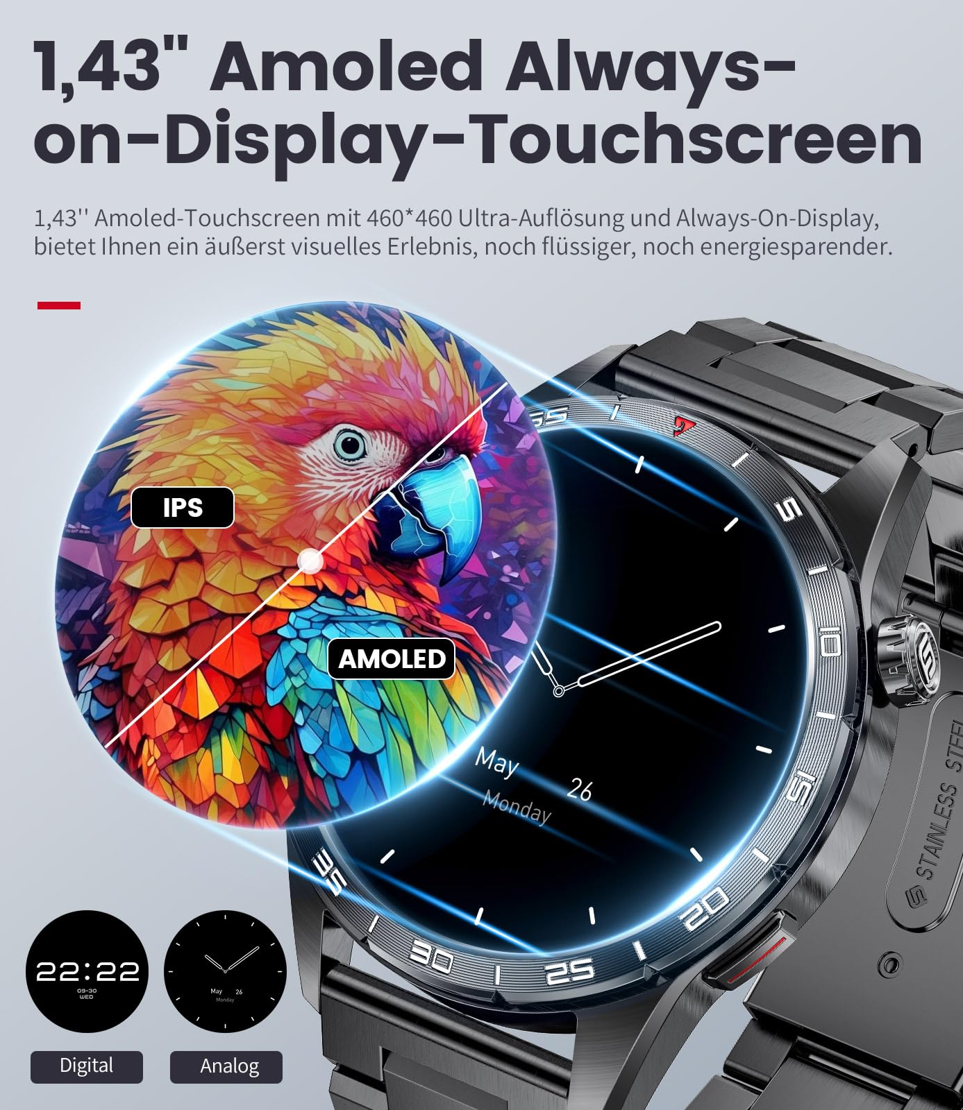 LIGE Smartwatch Herren mit 400mAh Lange Akkulaufzeit für Android iOS,1.43'' Amoled Display,110+ Sportmodi,Bluetooth-Anrufe,IP68 Wasserdicht Fitnessuhr mit Herzfrequenz, SpO2, Schlafmonitor,3 Armbänder