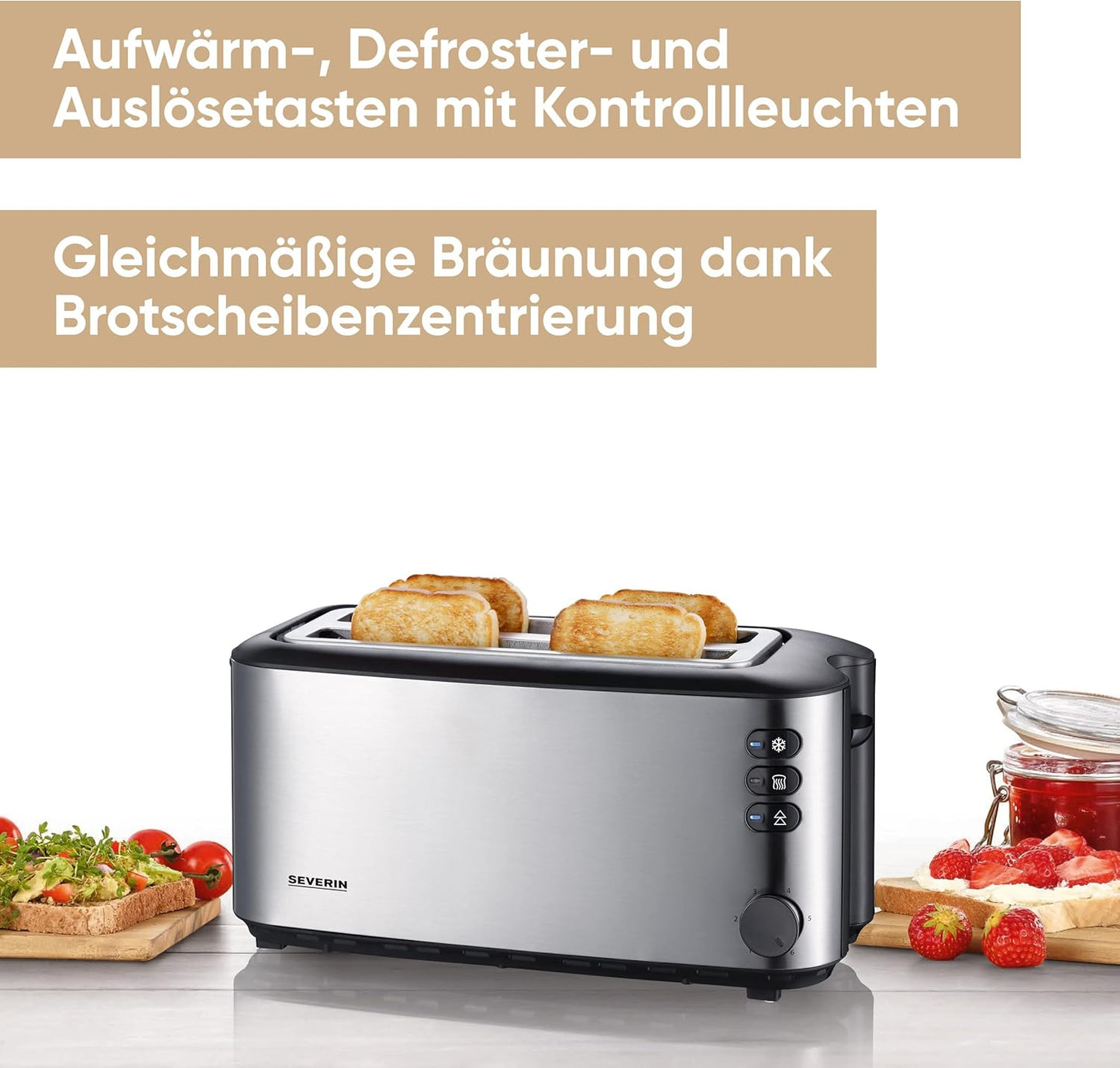 Severin AT Doppel-Langschlitztoaster mit eingebautem Brötchenaufsatz Edelstahl (gebürstet), Schwarz