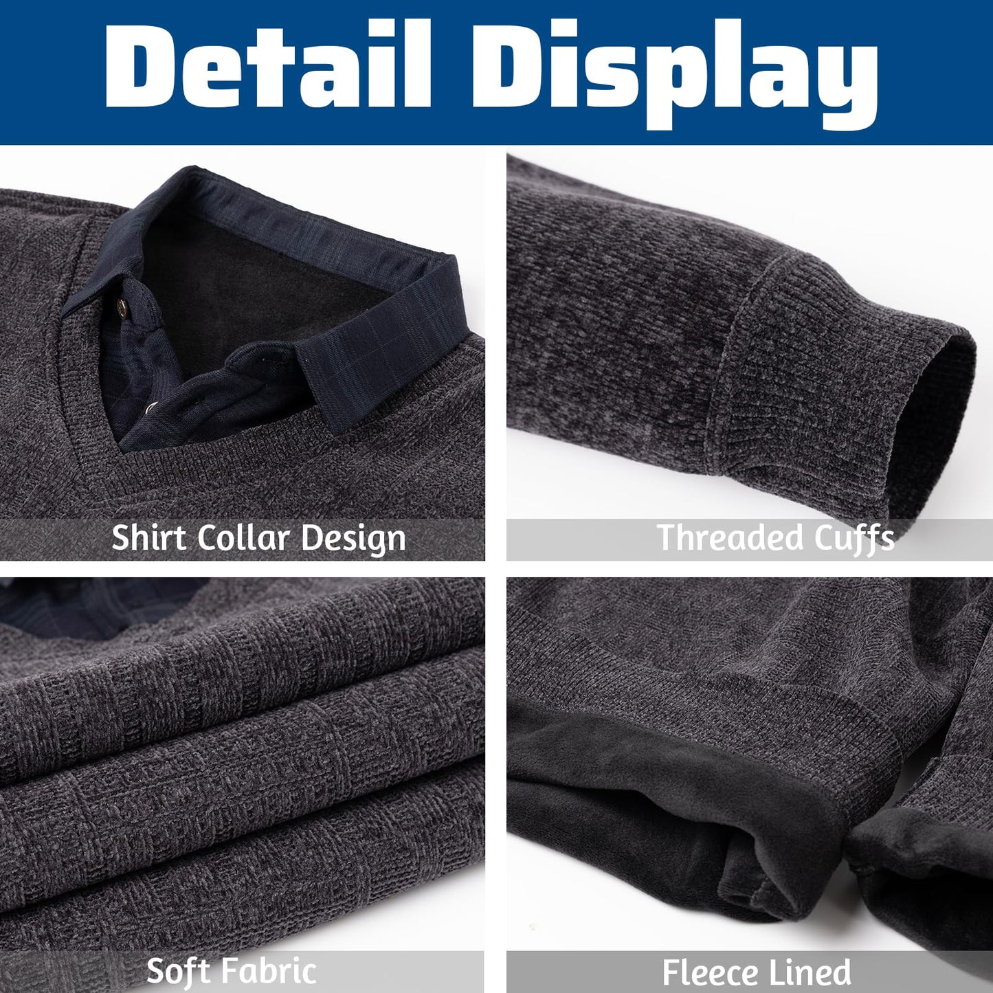 Men’s 2-in-1 V-Neck Sweater – Slim Fit Chenille Pullover with Mock Shirt Collar