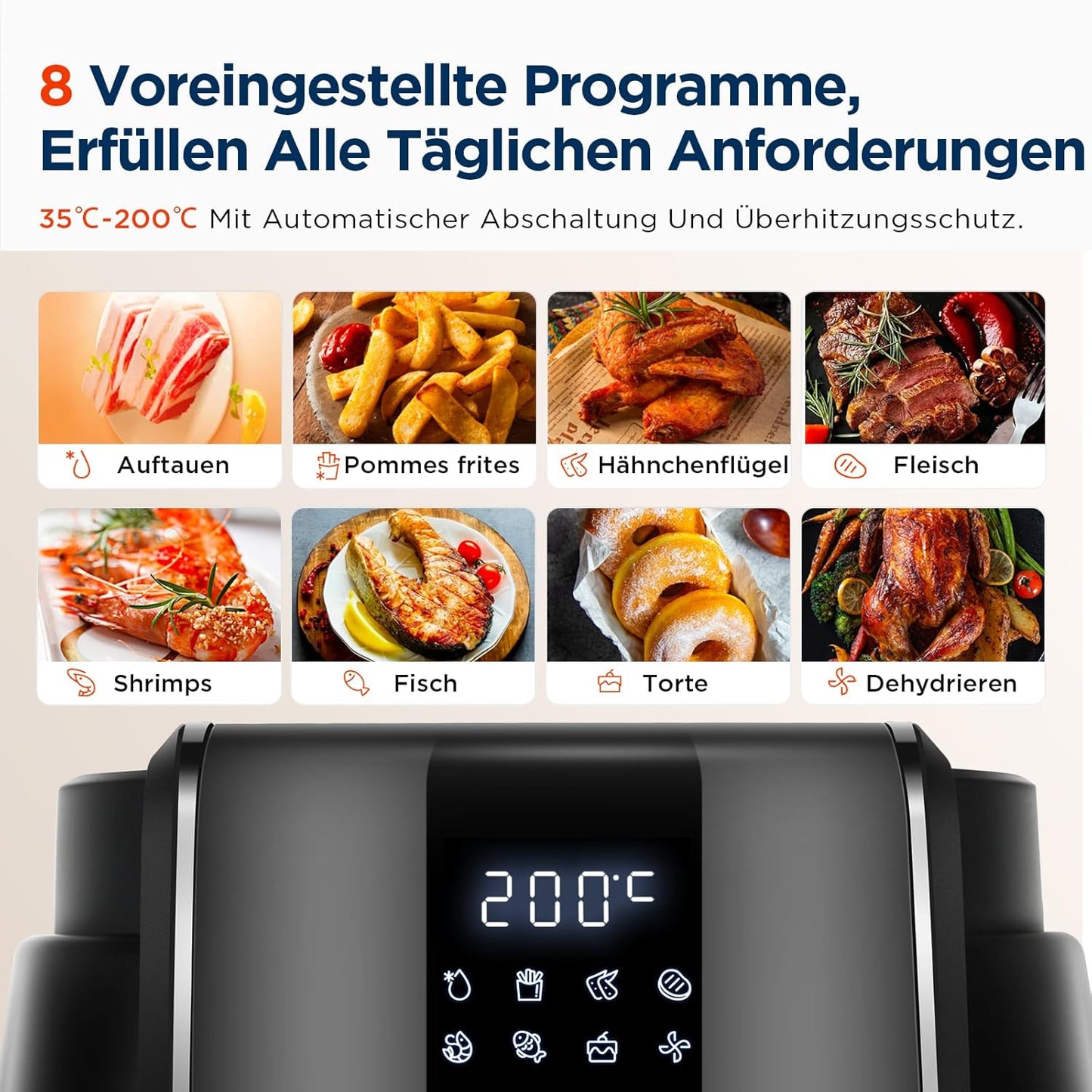 Midea MF-CN40C2 Heißluftfritteuse 4L, Ölfreie Airfryer 1500W, 8 Vorprogrammierte Kochmodi, 35-200℃, Backen, Braten, Grillen, Auftauen, Schüttelalarm, 60-Minuten Timer, 41 Rezepten, Spülmaschinenfest