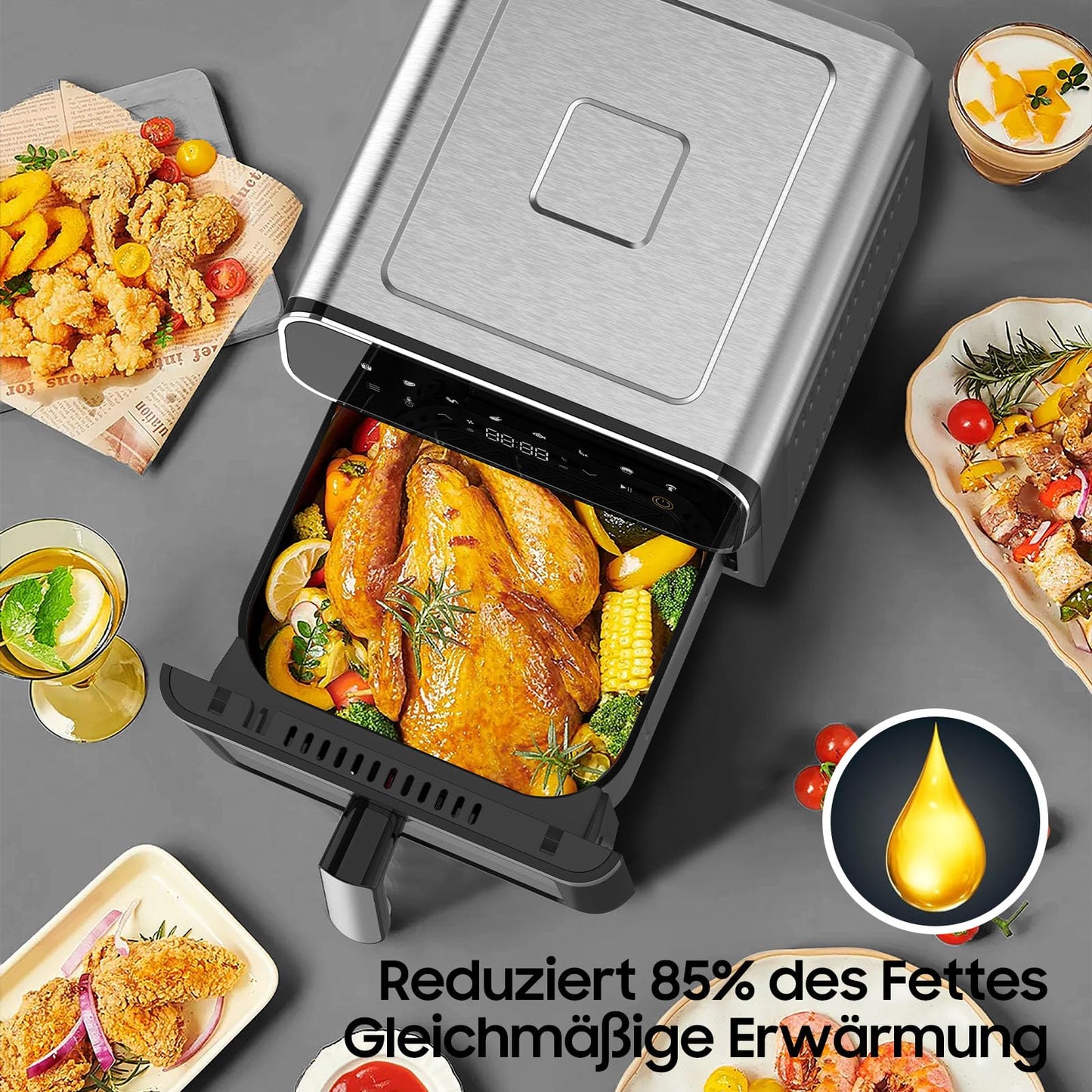 iceagle Heißluftfritteuse 6,5 L Airfryer XL - Fritteuse Ohne Fett mit Metallinnenraum | 1700W Heissluftfriteuse mit 8 Kochprogramme, Digitalem Display, mit deutschem Rezeptbuch