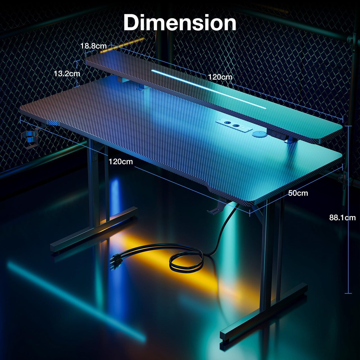 ODK Gaming Tisch, Kleiner Gaming Schreibtisch mit LED Beleuchtung & Steckdosen, Computertisch mit Monitorablage, Carbon Fiber Schwarz PC Gamer Tisch 100cm