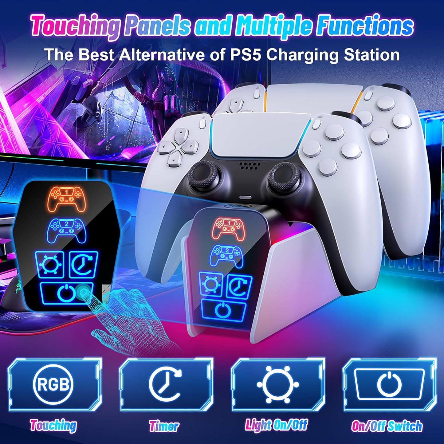 Fenolical Ladestation für DualSense PS5 & Edge Controller, Touch-Ladestation, Zeitgesteuerte, Multifunktionale Playstation5-Gaming-Ladestation mit frei Steuerbarer Beleuchtung