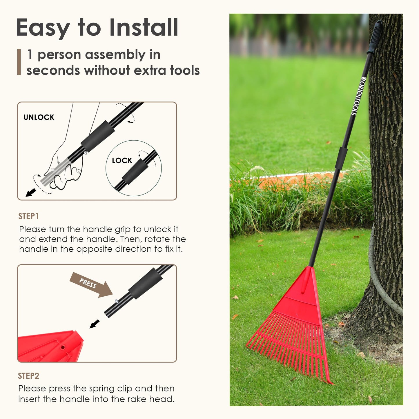 ORIENTOOLS Garten Laubrechen, Garten Rechen für Rasen Laub mit verstellbarem Griff 107 bis 156 cm Rechen, 22 Starke Zinken Kunststoff Kopf Strauch Rechen, Landschaftsbesen für Rasen und Blätter