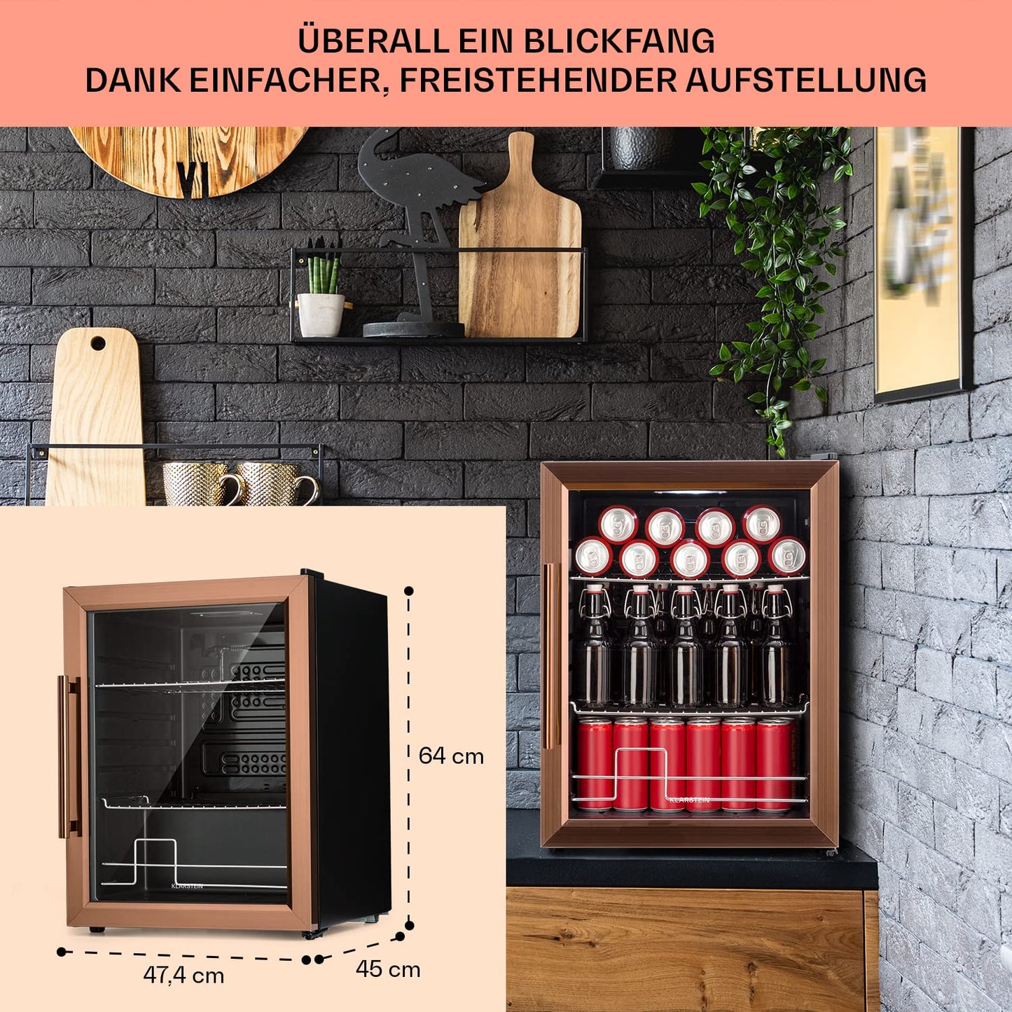 Klarstein Mini Fridge with Glass Door, Mini, for Room, Drinks Fridge Small with Adjustable Shelves, with Waveform Racks, 60 Liter Refrigerator Quiet
