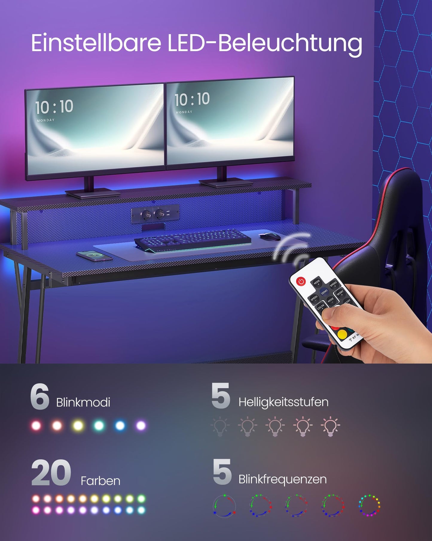 VASAGLE Schreibtisch, Gaming Tisch mit eingebauter Steckdosenleiste, Computertisch, mit Monitorständer für 2 Monitore, Schlafzimmer, 60 x 120 x 76 cm, rußschwarz LWD192B02