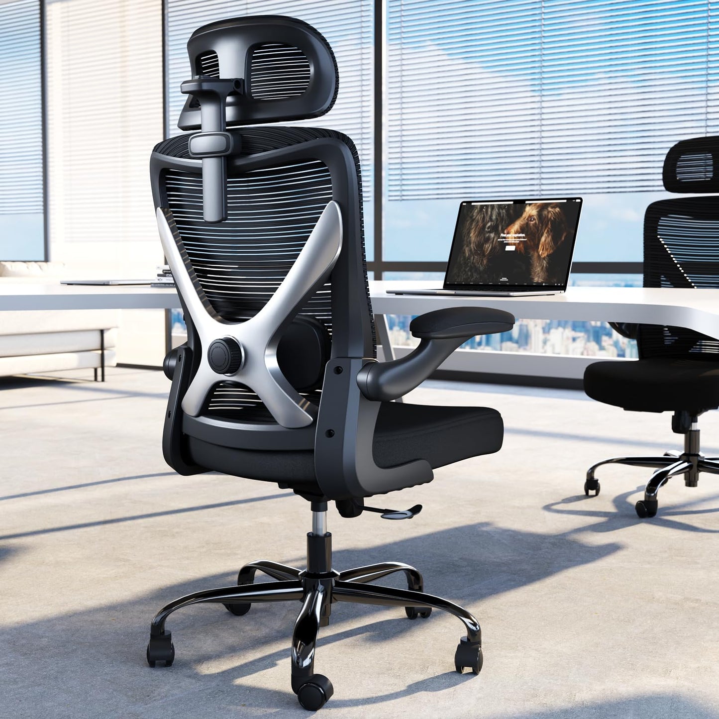 TRALT Ergonomischer Bürostuhl - X-förmiger bequemer Computer-Bürostuhl, Gaming-Stuhl, Bürostuhl mit Lendenwirbelstütze, Netz-Bürostuhl mit Kopfstütze (Grau-Silber)