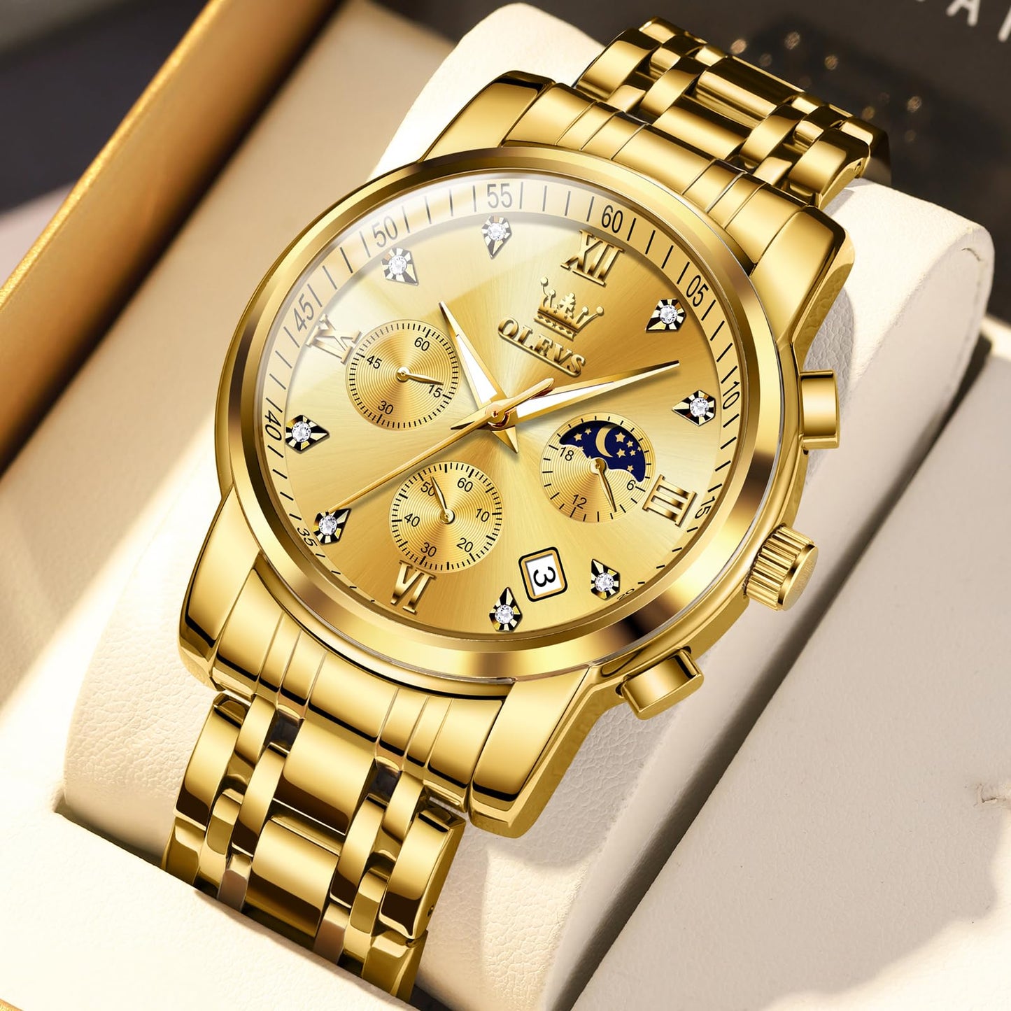 OLEVS Uhren Herren, Edelstahl Analoger Quarzuhr, Multifunktionale Diamanten Herrenuhren, Klassisches Luxuskleid Herrenuhr