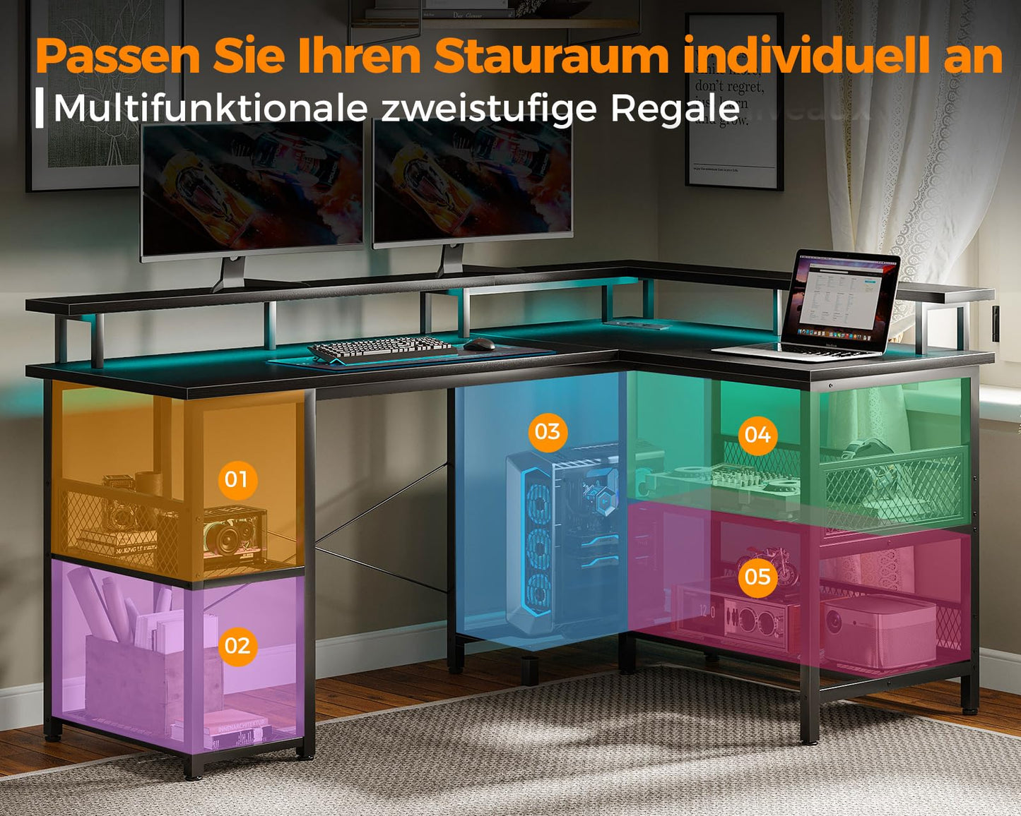 ODK Gaming Tisch mit LED, Reversibel Gaming Schreibtisch mit 2 Steckdosen & 2 USB-Ladeanschlüssen, Eckschreibtisch Groß mit Netzablage, Schwarz 150×102cm