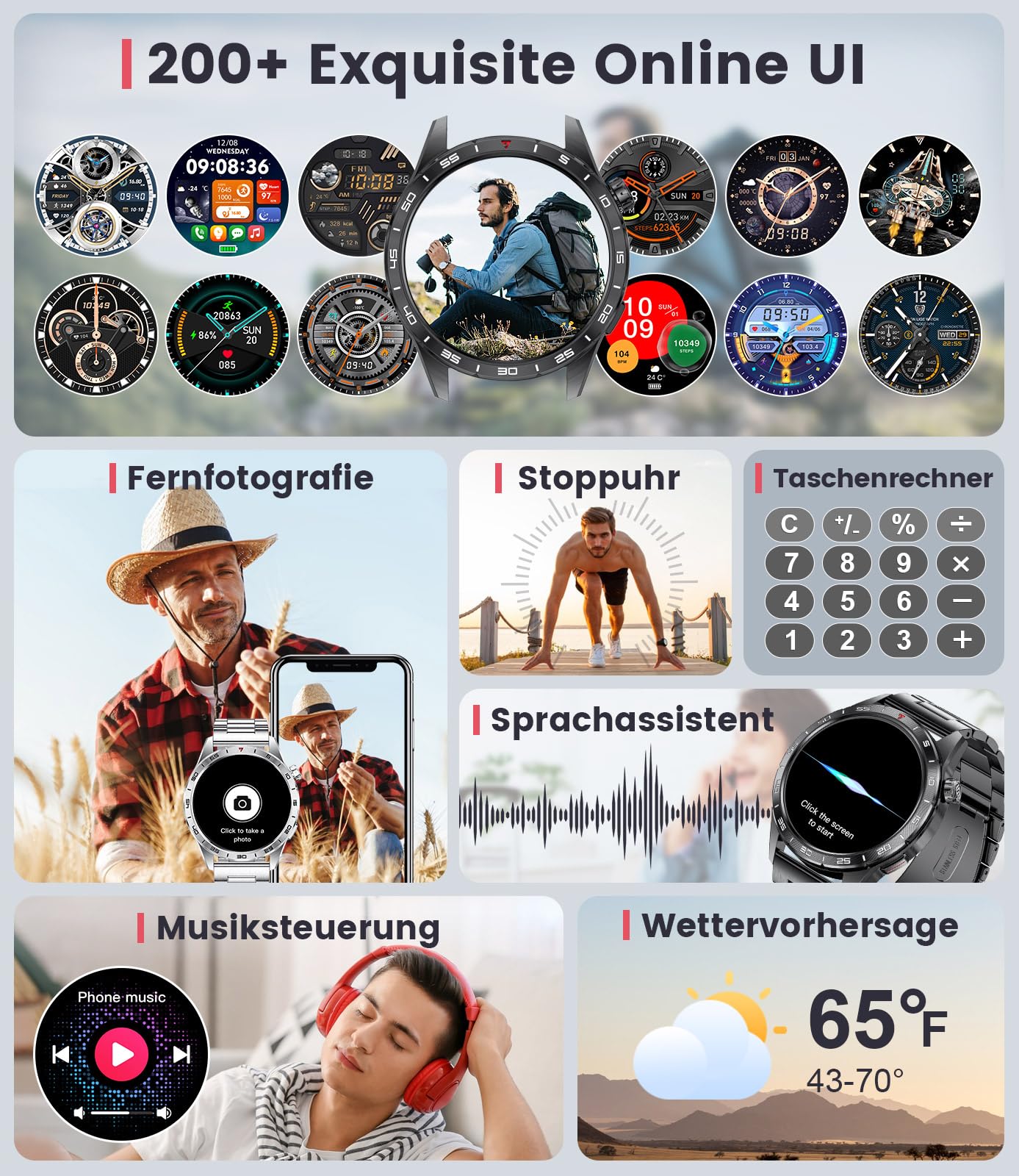 LIGE Smartwatch Herren mit 400mAh Lange Akkulaufzeit für Android iOS,1.43'' Amoled Display,110+ Sportmodi,Bluetooth-Anrufe,IP68 Wasserdicht Fitnessuhr mit Herzfrequenz, SpO2, Schlafmonitor,3 Armbänder