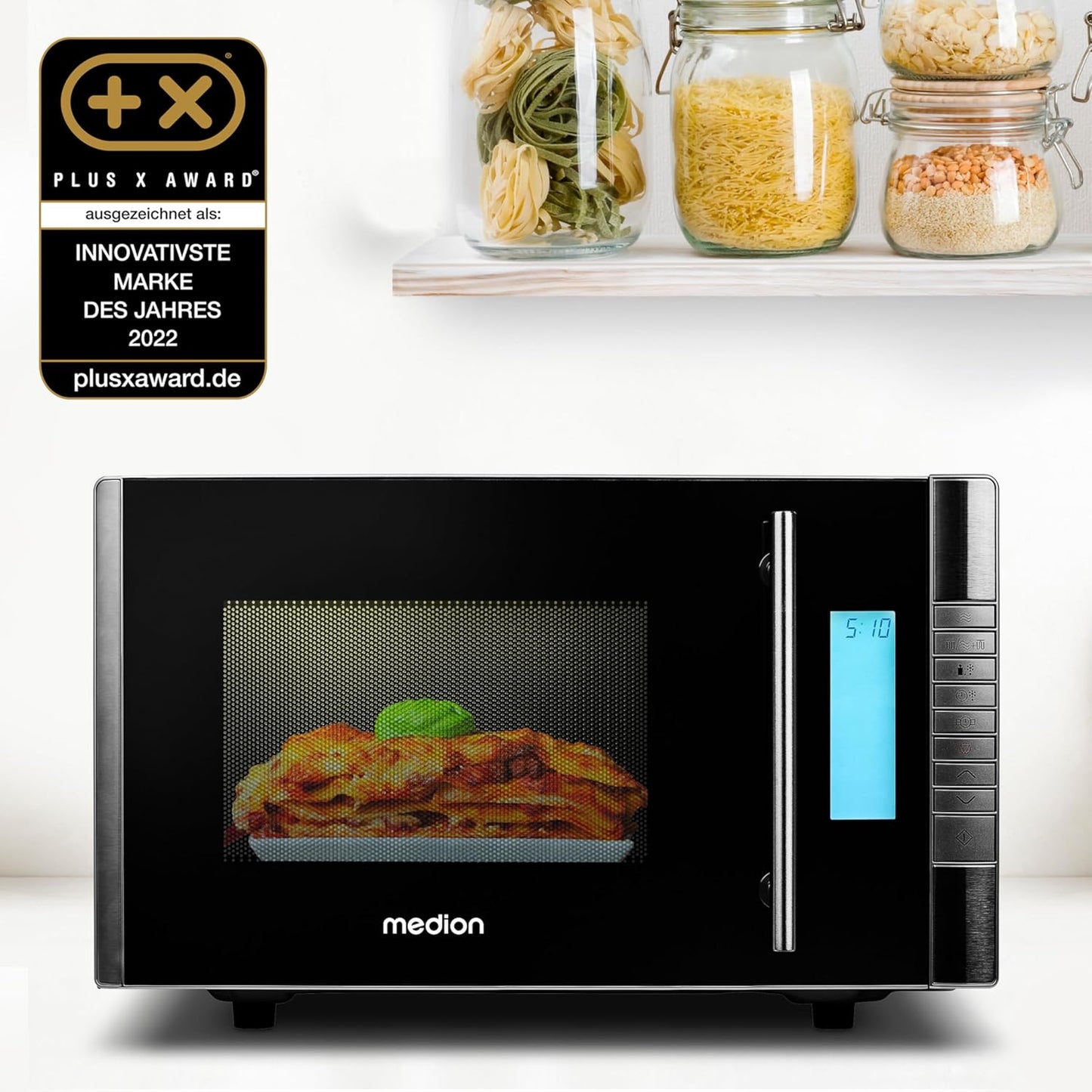 MEDION MD 14482 Mikrowelle mit Grill / 20L Garraum / 8 Automatikprogramme/Auftaufunktion / 800 Watt Mikrowellen- und 1000 Watt Grillleistung/Zeitschaltuhr/Grillrost/silber/schwarz