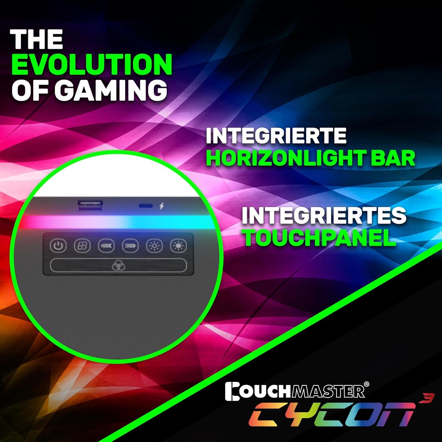 Couchmaster CYCON³ Black HORIZONLIGHT Bar - Ergonomisches Gaming Lapdesk für Couch & Bett - USB Hub Gaming Lapboard - Groß & Stabil (für PC, PS4/5, Xbox One/Series X, Laptops)