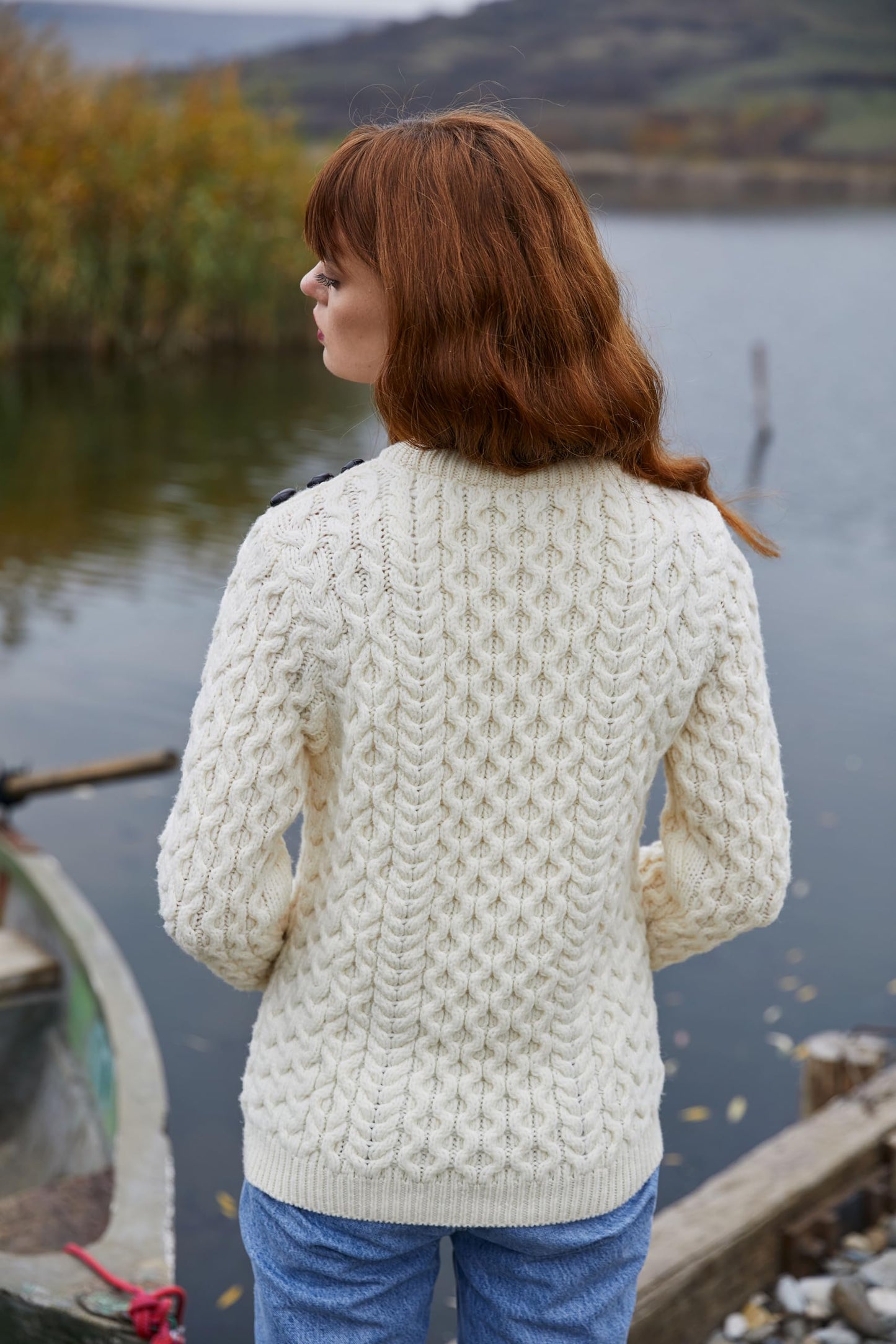 SAOL Women’s Merino Wool Sweater – Aran Knit with Side Buttons