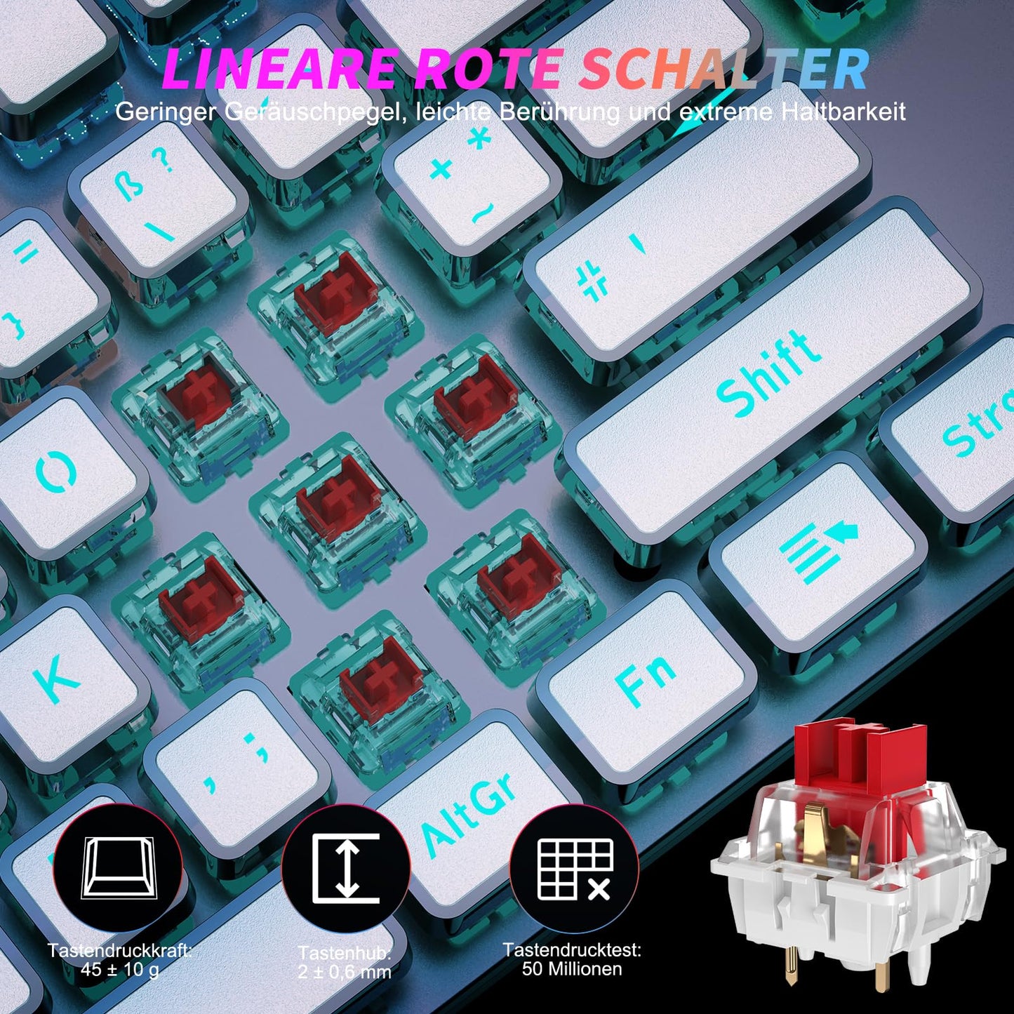 TECURS Mechanische Gaming Tastatur - QWERTZ Mechanical Keyboard mit Magnetische Handgelenkauflage, Multimedia-Tasten, 105 Tasten Kabelgebundene Rote Schalter Tastatur für PC/PS5/PS4, 19 LED Modi