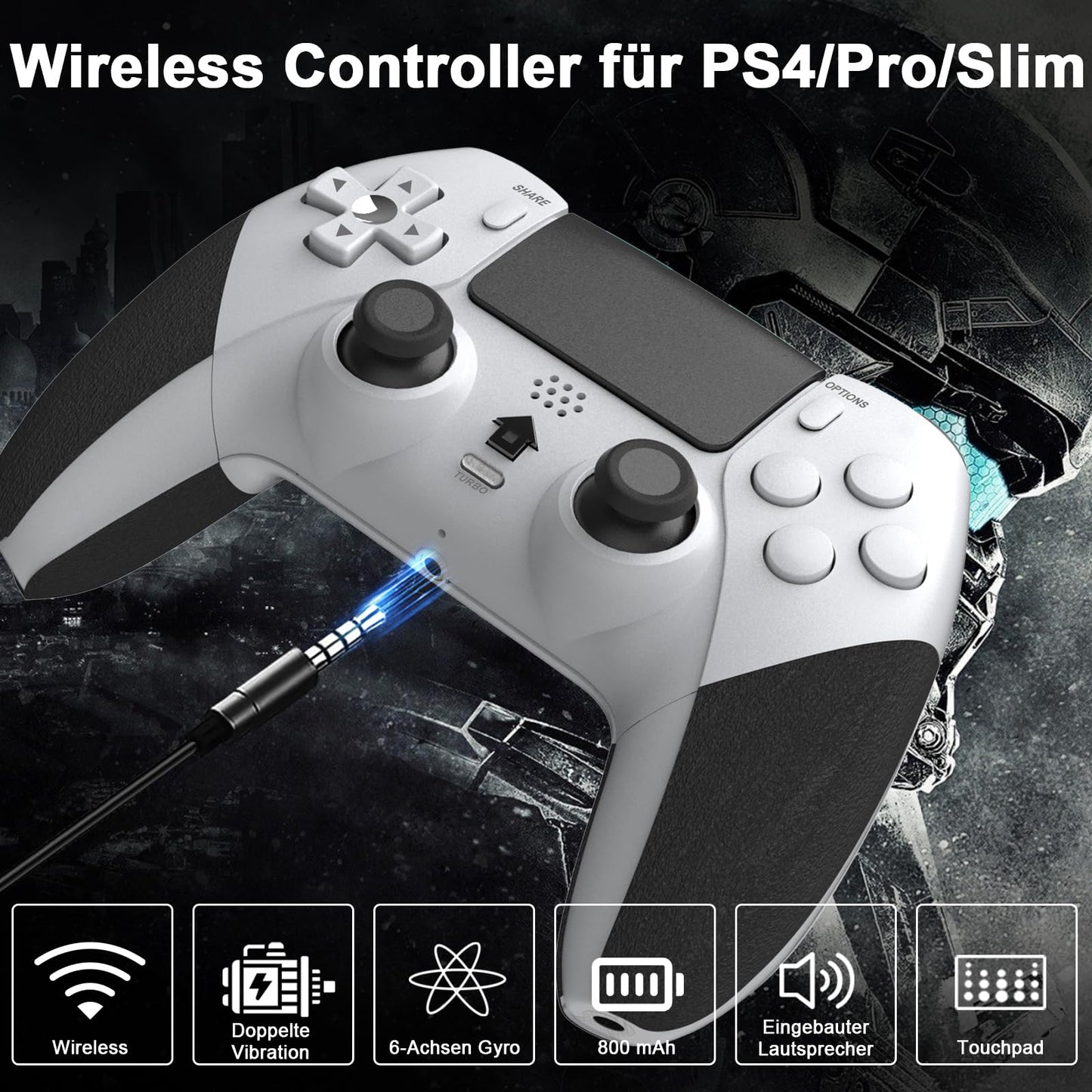 Shiptree Wireless Controller für PS-4, Game Controller Kompatibel mit PS-4/Slim/Pro mit 2 Programmierbaren Tasten, Gamepad mit Trubo/Dual Vibration/6-Achsen Gyro Sensor/Touchpanel/Audio Jack - Weiß