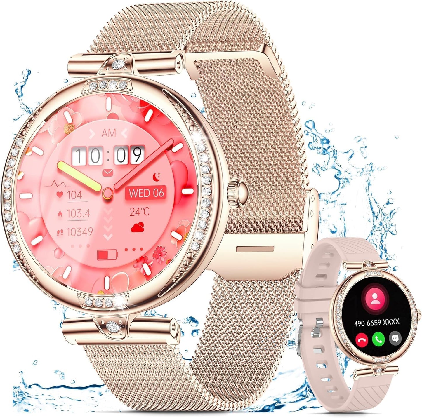 Smartwatch Damen mit Telefonfunktion 1.19" AMOLED Touchscreen IP68 Diamond Smart Watch mit Blutdruckmessung Pulsmesser Schlafmonitor SpO2 Menstruationszyklus für iOS Android (Rosegold)