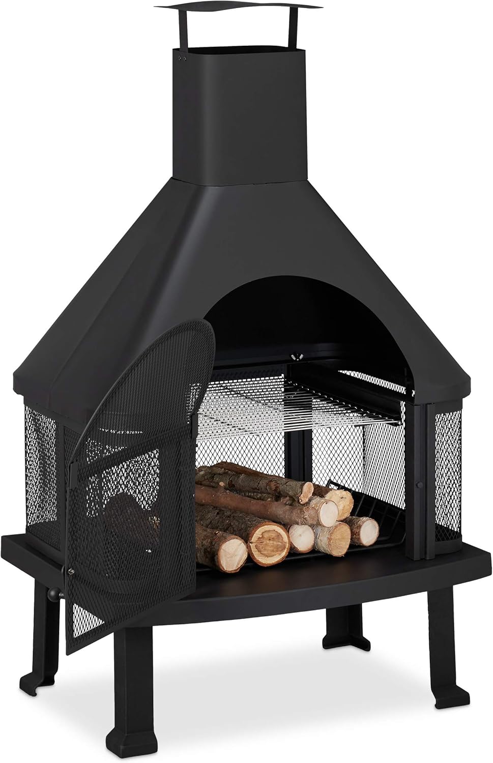 Relaxdays, schwarz Terrassenofen mit Grill, Feuerstelle mit Funkenschutz, Schürhaken, massiv, Stahl, 110 x 63 x 51 cm 10026555