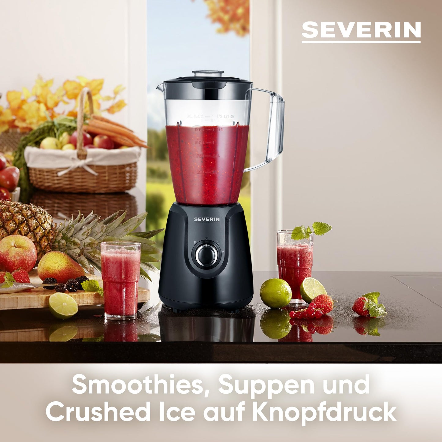 SEVERIN Standmixer mit 1,5 L Mixbehälter aus Tritan, Mixer mit 2 Stufen und Pulse-Funktion, leistungsstarker Küchenmixer mit Edelstahlmesser, 600 W, Schwarz