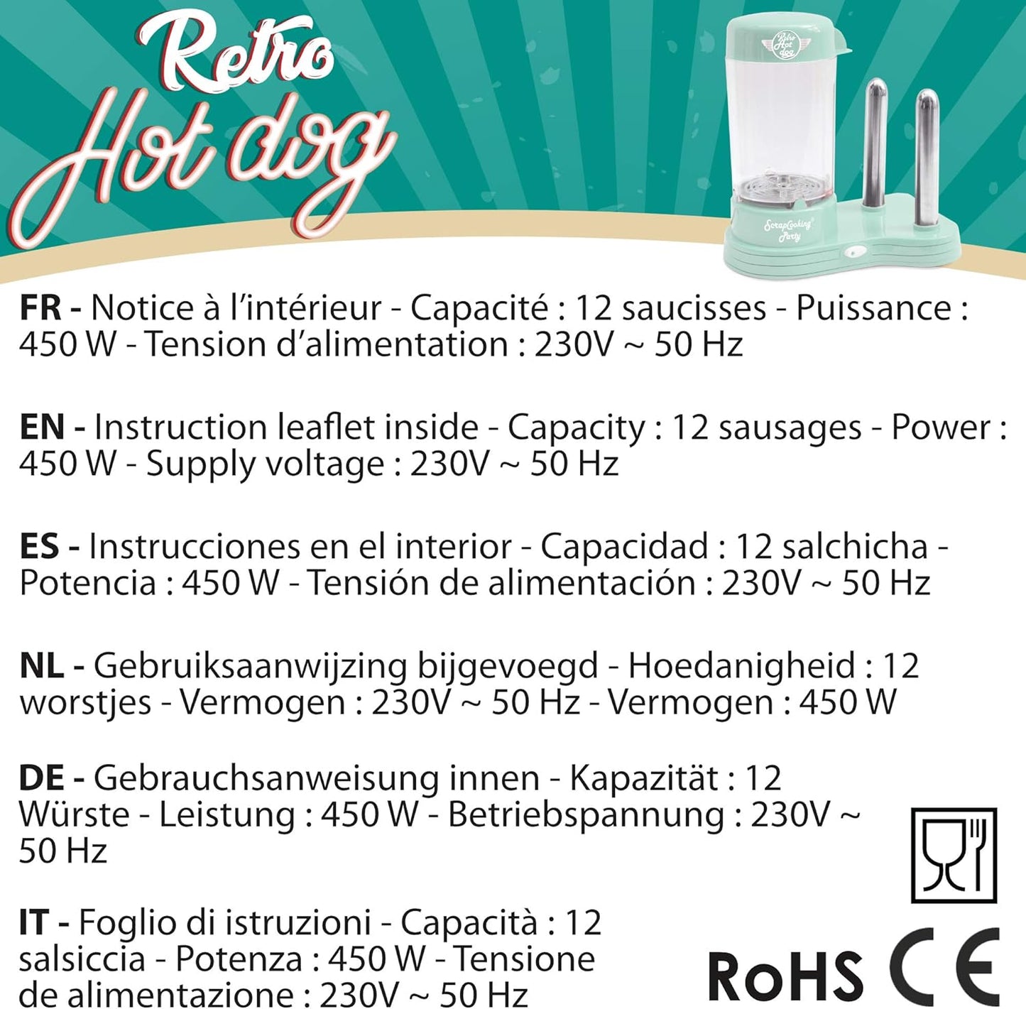 ScrapCooking 601 Hot Dog Maker Maschine-Kapazität 12 Würstchen & 2 Brötchen-Vintage-Retro-Stil für Partys Barbecues Feste Kirmes Geburstag-Grün-0601, Lebensmittelechter Kunststoff, weiß