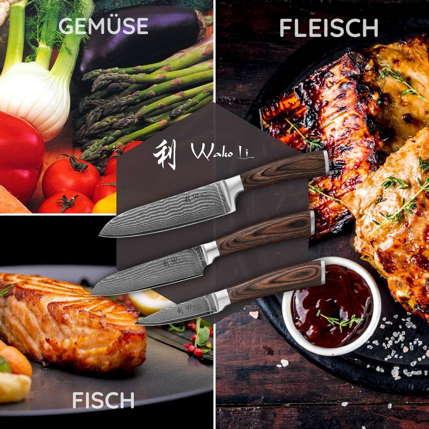 Wakoli EDIB 3er Damastmesser Set mit 8-17cm Klingen gefertigt aus 67 Lagen echtem Damaststahl mit Pakkaholzgriff in Holzbox I Premium Messerset Damast & Profi Küchenmesser