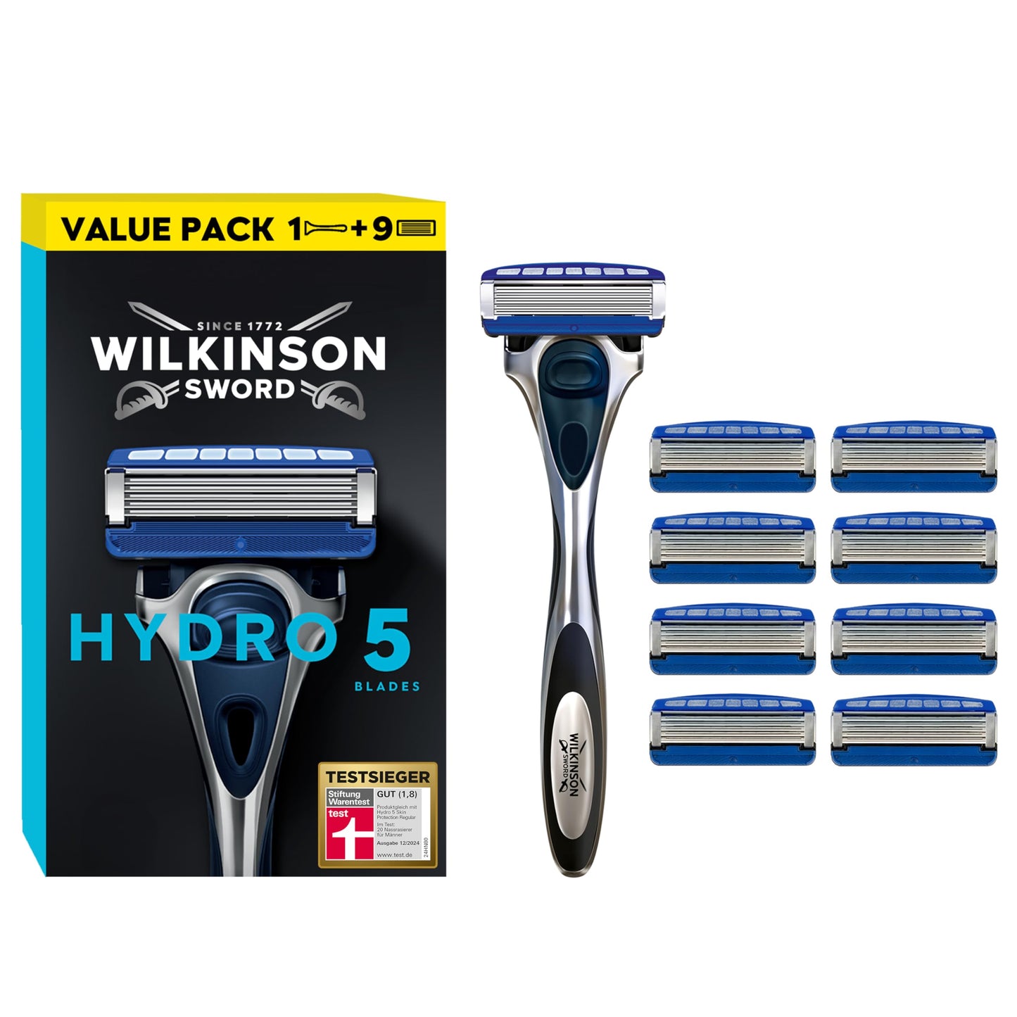 Wilkinson Sword - Hydro 5 Rasierer für Männer, Rasiergriff + 13 Rasierklingen, Feuchtigkeitsspendende Gel-Pools und umklappbarer Trimmer