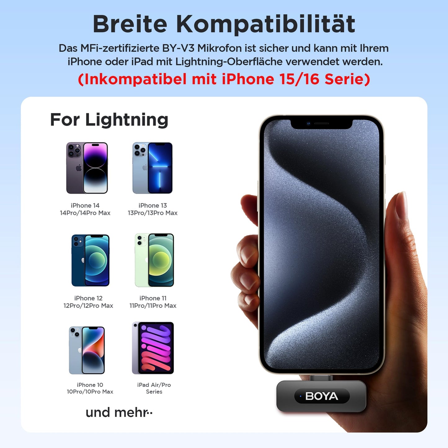 BOYA by-V1 Kabelloses Lavalier-Mikrofon für iPhone, 2,4 GHz, Plug-Play, Mini-Clip-On-Mikrofon mit Geräuschunterdrückung, für Vlogging, Video, Podcast, Interview, YouTube-Aufnahme