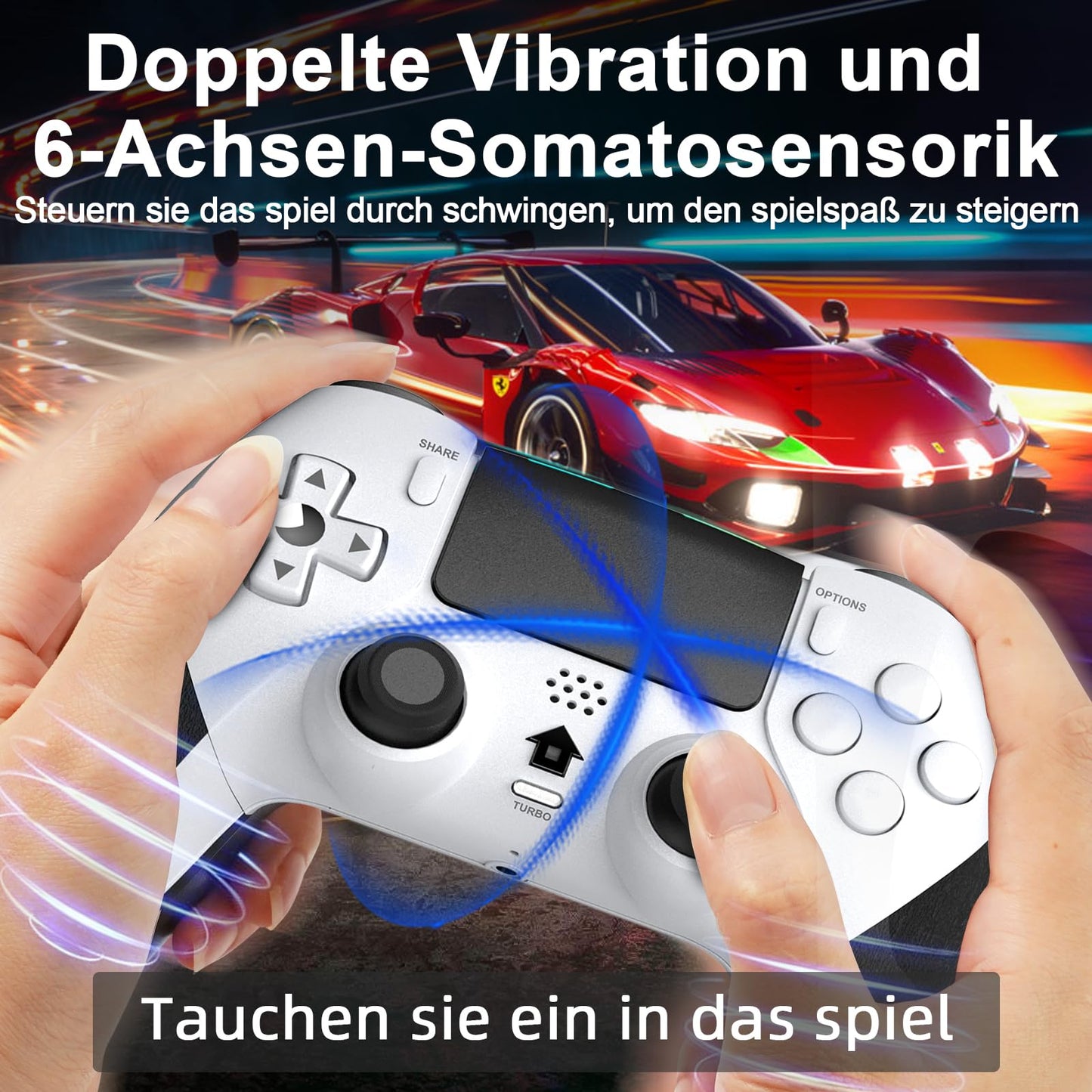 Shiptree Wireless Controller für PS-4, Game Controller Kompatibel mit PS-4/Slim/Pro mit 2 Programmierbaren Tasten, Gamepad mit Trubo/Dual Vibration/6-Achsen Gyro Sensor/Touchpanel/Audio Jack - Weiß
