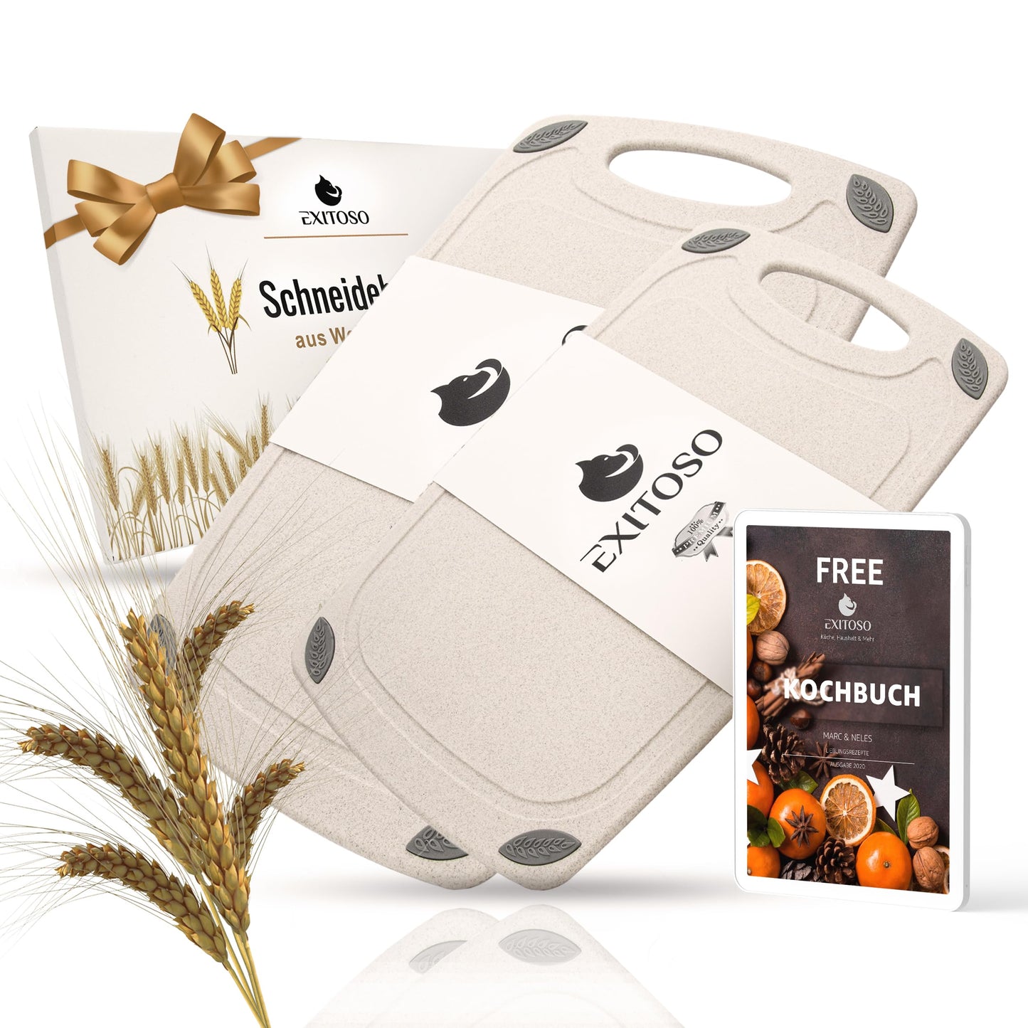 Exitoso 3-Piece Innovative Chopping Board Set | Non-Slip with Juice Groove and Handle | Dishwasher Safe | Antibacterial | Grey/Black Plastic