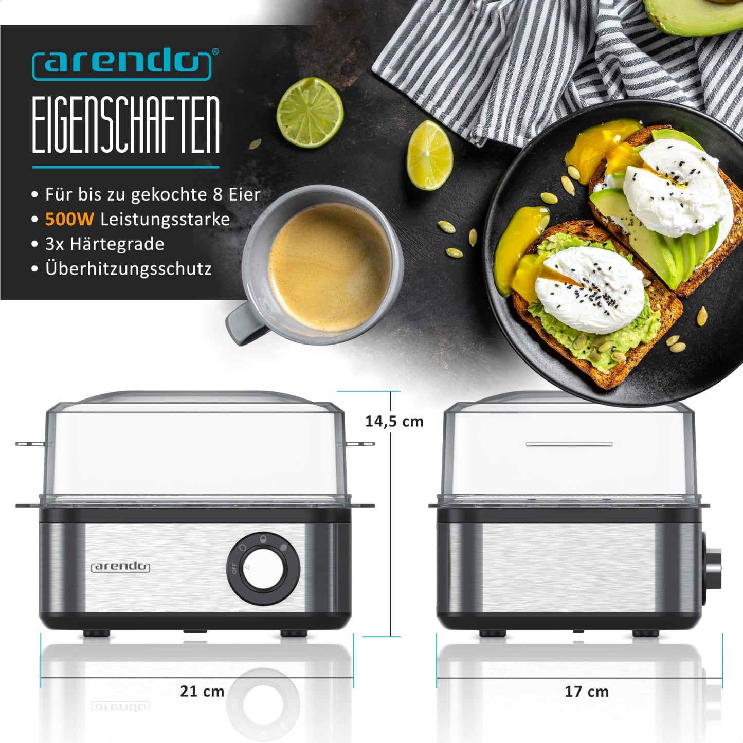 Arendo - Eierkocher Edelstahl für 1 bis 8 Eier - Egg Cooker - 500 W – Kontroll Leuchte – Drehregler für drei Härtegrade - spülmaschinengeeignet | Cool Grey