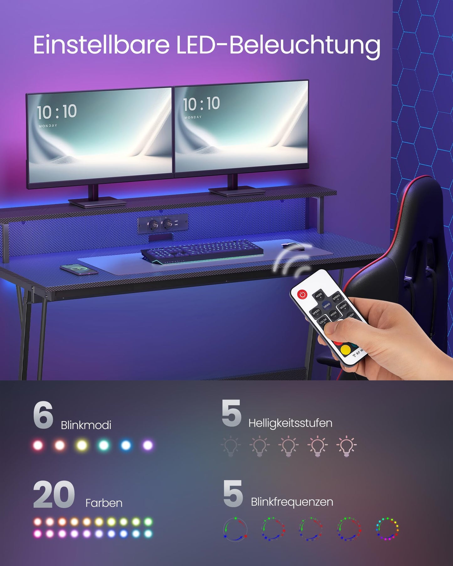 VASAGLE Schreibtisch, Gaming Tisch mit eingebauter Steckdosenleiste, Computertisch, mit Monitorständer für 2 Monitore, Schlafzimmer, 60 x 120 x 76 cm, rußschwarz LWD192B02