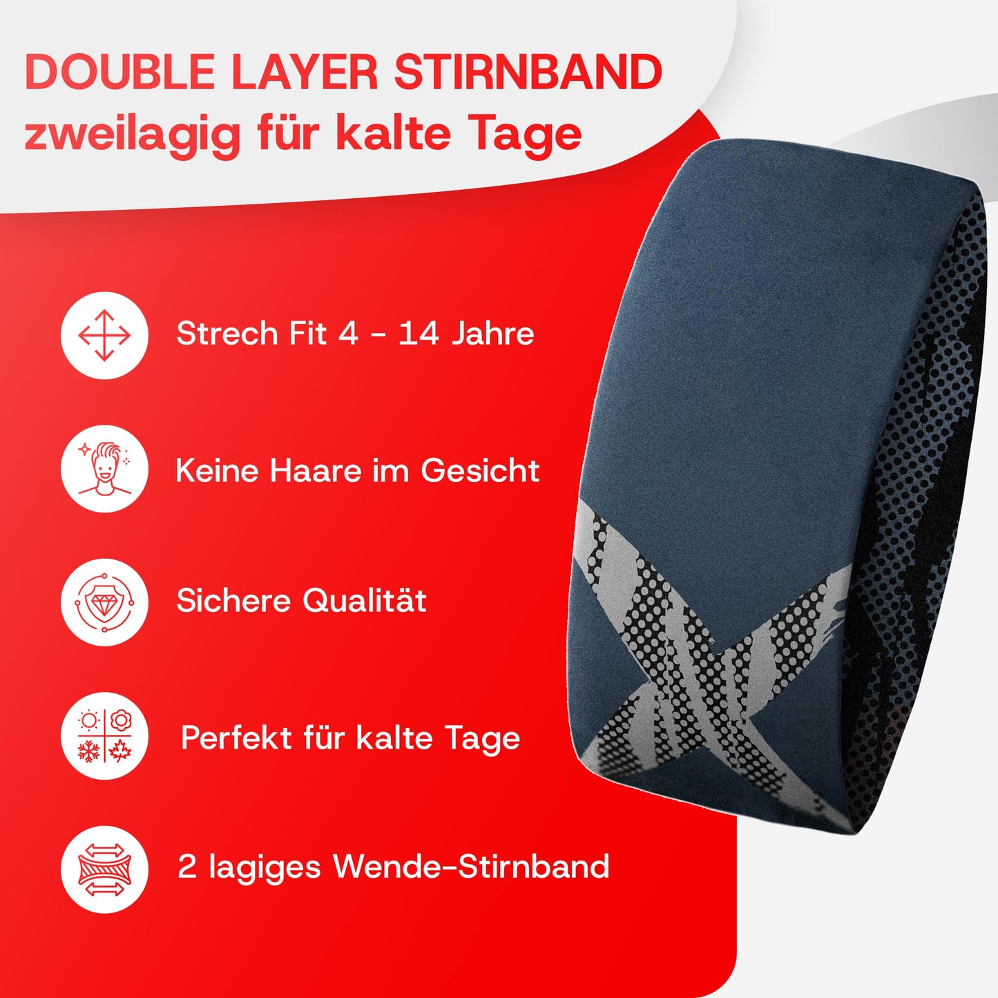 Junior 4-14 Jahre Sport Stirnband zum Wenden, 2-lagig für kalte Temperaturen, schnelltrocknend, Headband, Ohrenschützer, Schweißband, Haarband, Kopfband, Wandern, Laufen, Rad, Ski