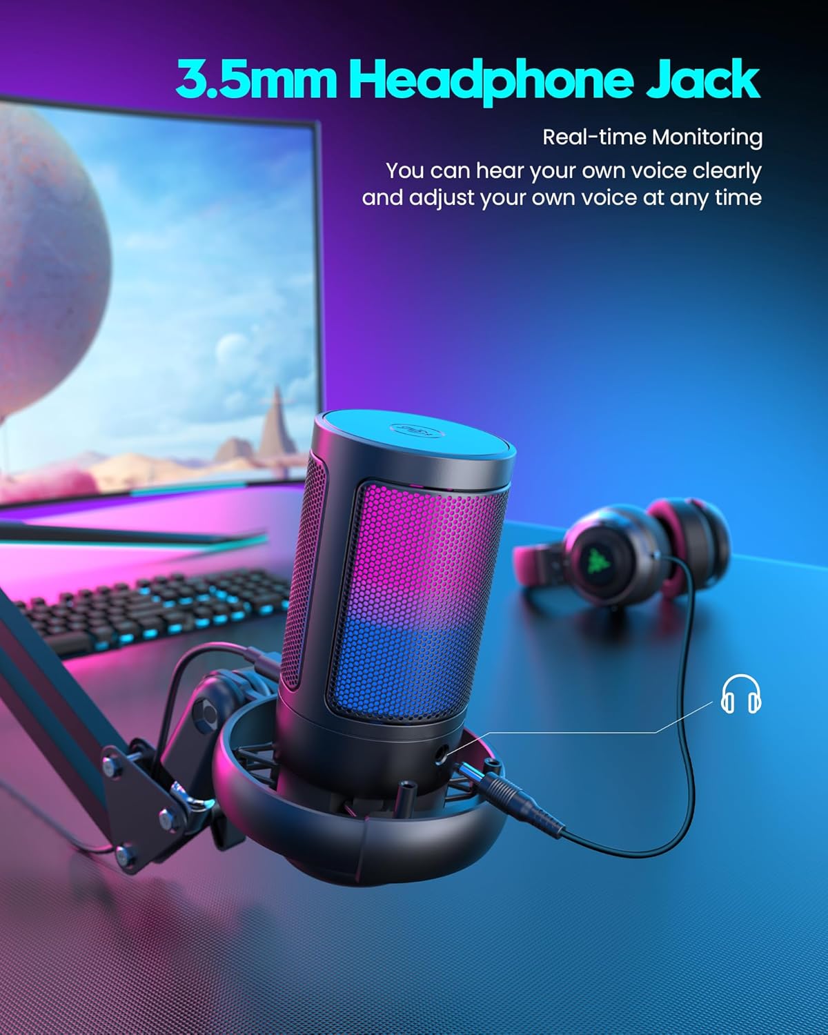 QIUOIO Gaming Mikrofon PC: USB Mikrofon Mit Arm - RGB Podcast Mikrofon - Streaming Mikrofon - Microphone for PC - Gaming Mic Fuer PS4/PS5/MAC - USB Micro PC - Gaming Mic