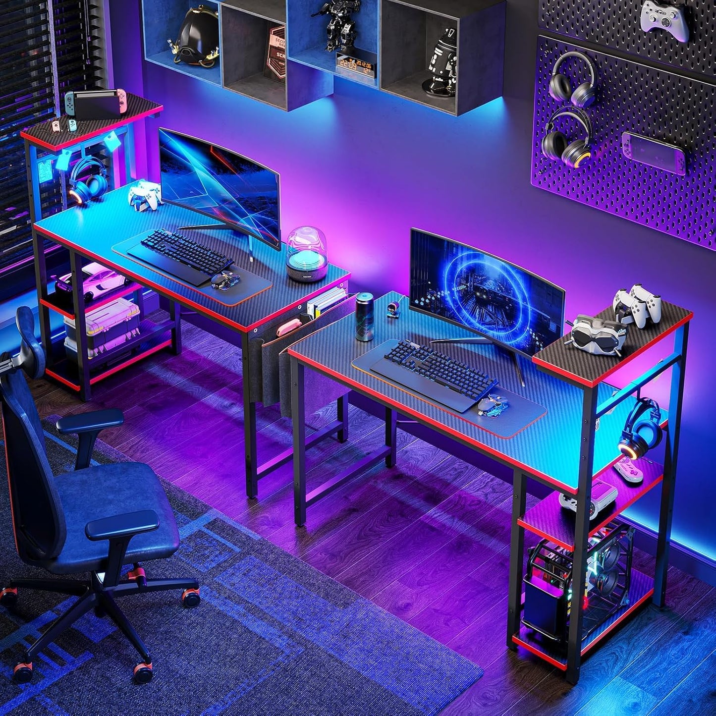 Bestier 113CM Eck-Computertisch mit Steckdosen Computertisch mit LED-Leuchten Umkehrbarer Schreibtisch mit Seitentasche Aufbewahrungstasche & Zubehöraufhänger für Home Office Small Space Weiß