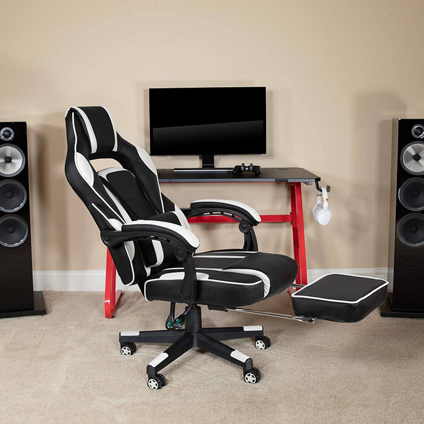 Flash Furniture X30 Gaming-Stuhl, ergonomischer Bürostuhl für PC- und Gaming-Setups, verstellbarer Rennsport-Stuhl mit vollständig verstellbarer Rückenunterstützung, schwarz mit weißer Verzierung