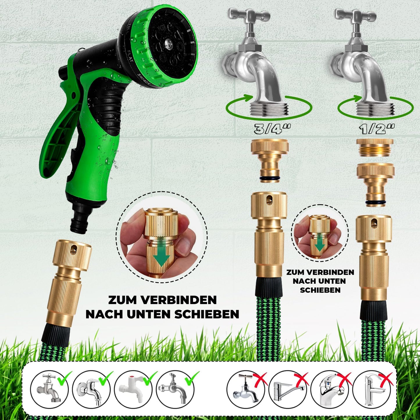 HOMEPROTEK Gartenschlauch Flexibel 15m Bewässerungsschlauch, Flexibler Wasserschlauch, Dehnbarer Flexschlauc mit 1/2 zoll und 3/4 zoll Messingverschraubungen, 3-Fach Latex Balkonschlauch, Garden Hose