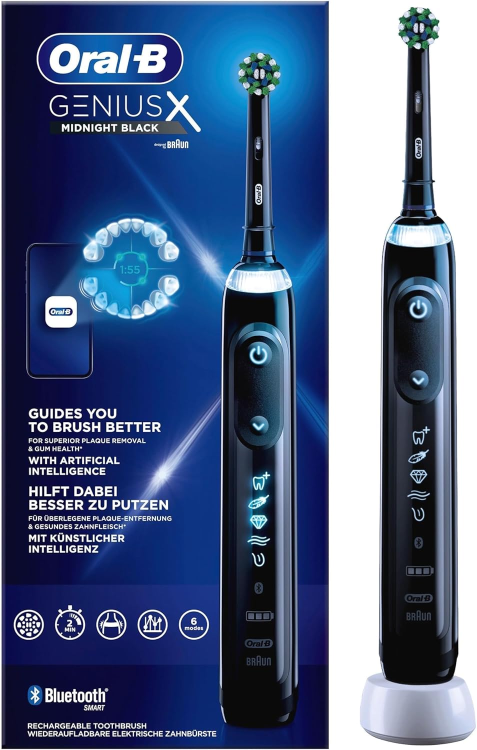 Oral-B Genius X Elektrische Zahnbürste/Electric Toothbrush, 6 Putzmodi für Zahnpflege, künstliche Intelligenz & Bluetooth-App, Geschenk Mann/Frau, Designed by Braun, schwarz