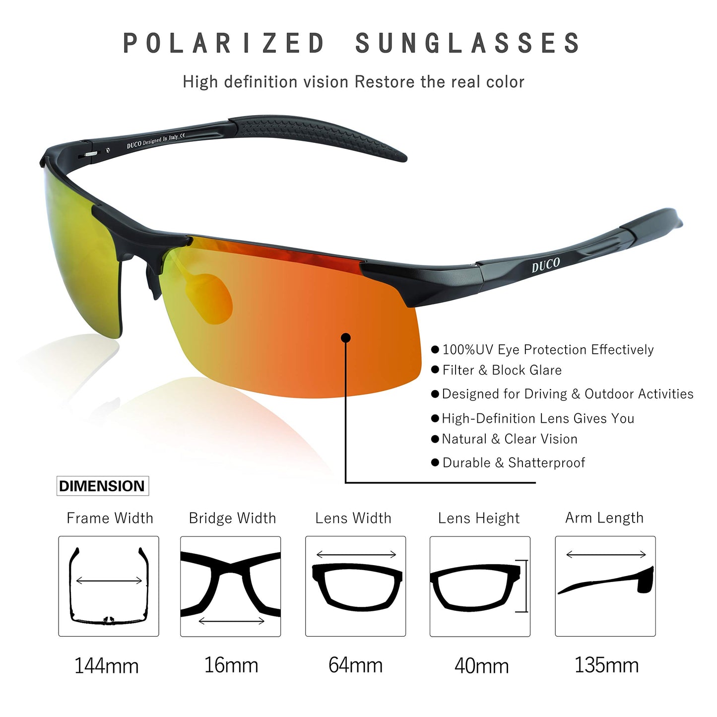 DUCO Herren Sportbrille Polarisierte Sonnenbrille Fahrerbrille Ultraleichte Al-Mg Metallrahmen UV400-Schutz Männer Sonnenbrillen 8177S